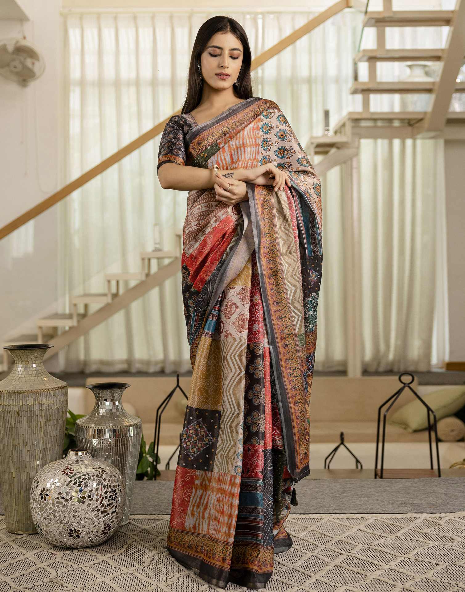 Multicoloured Cotton Printed Saree - Image 8