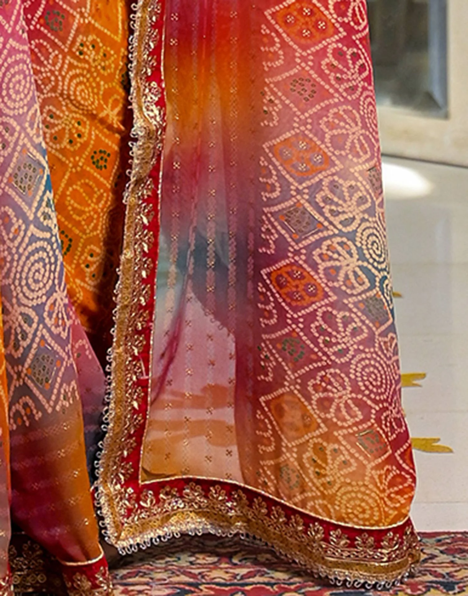 Multicoloured Georgette Bandhani Printed Lace Saree - Image 10