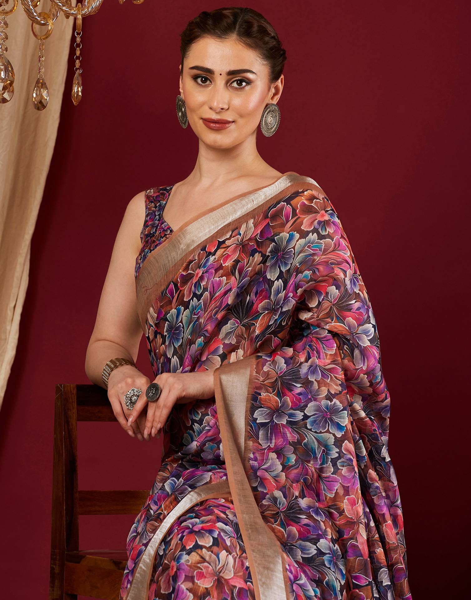 Multicoloured Linen Floral Printed Saree - Image 2