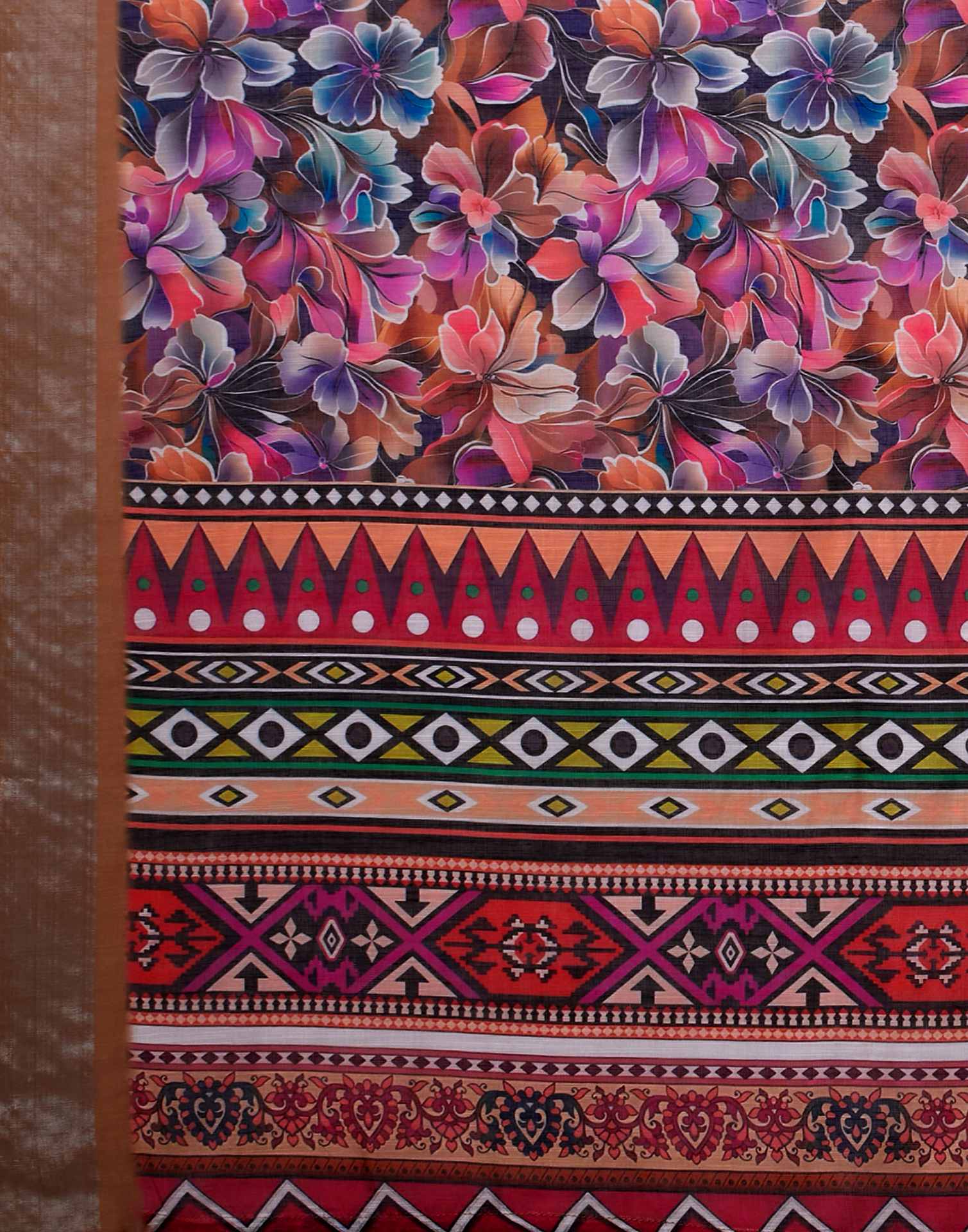 Multicoloured Linen Floral Printed Saree - Image 6