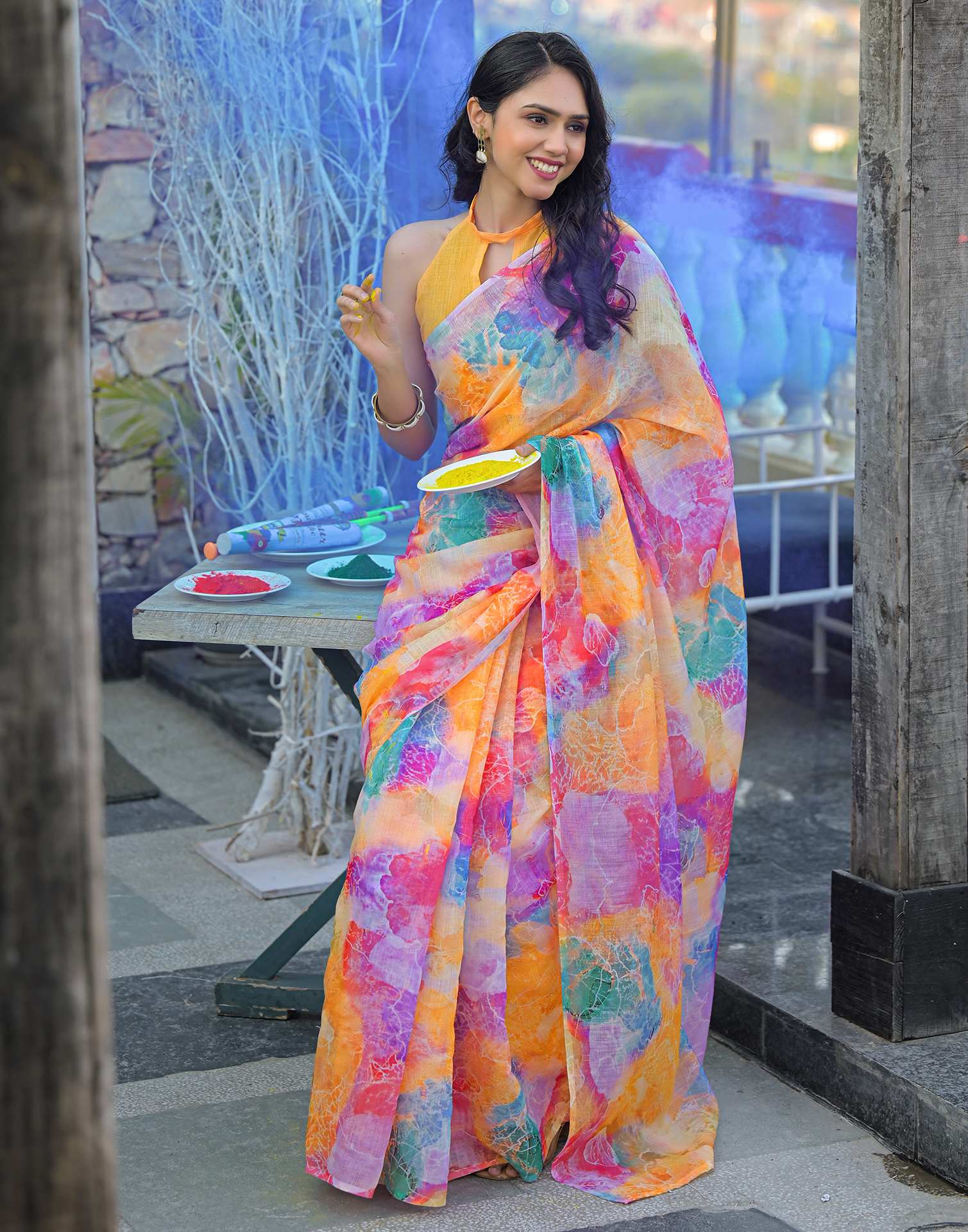 Multicoloured Linen Printed Saree - Image 9
