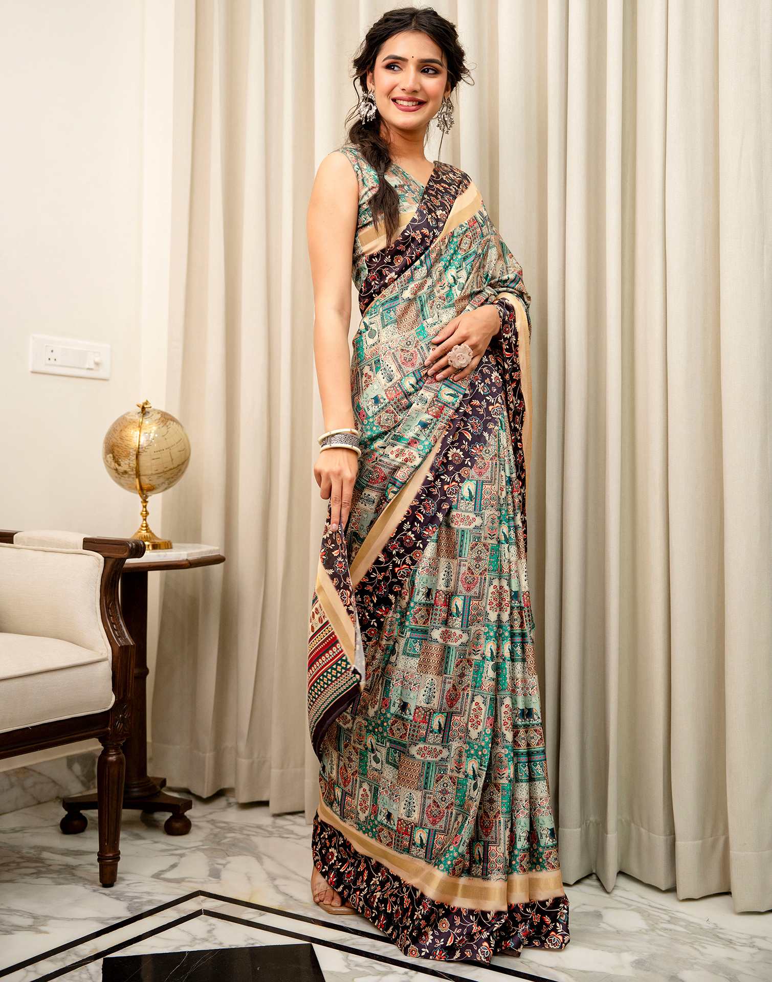 Multicoloured Silk Kalamkari Printed Saree - Image 7