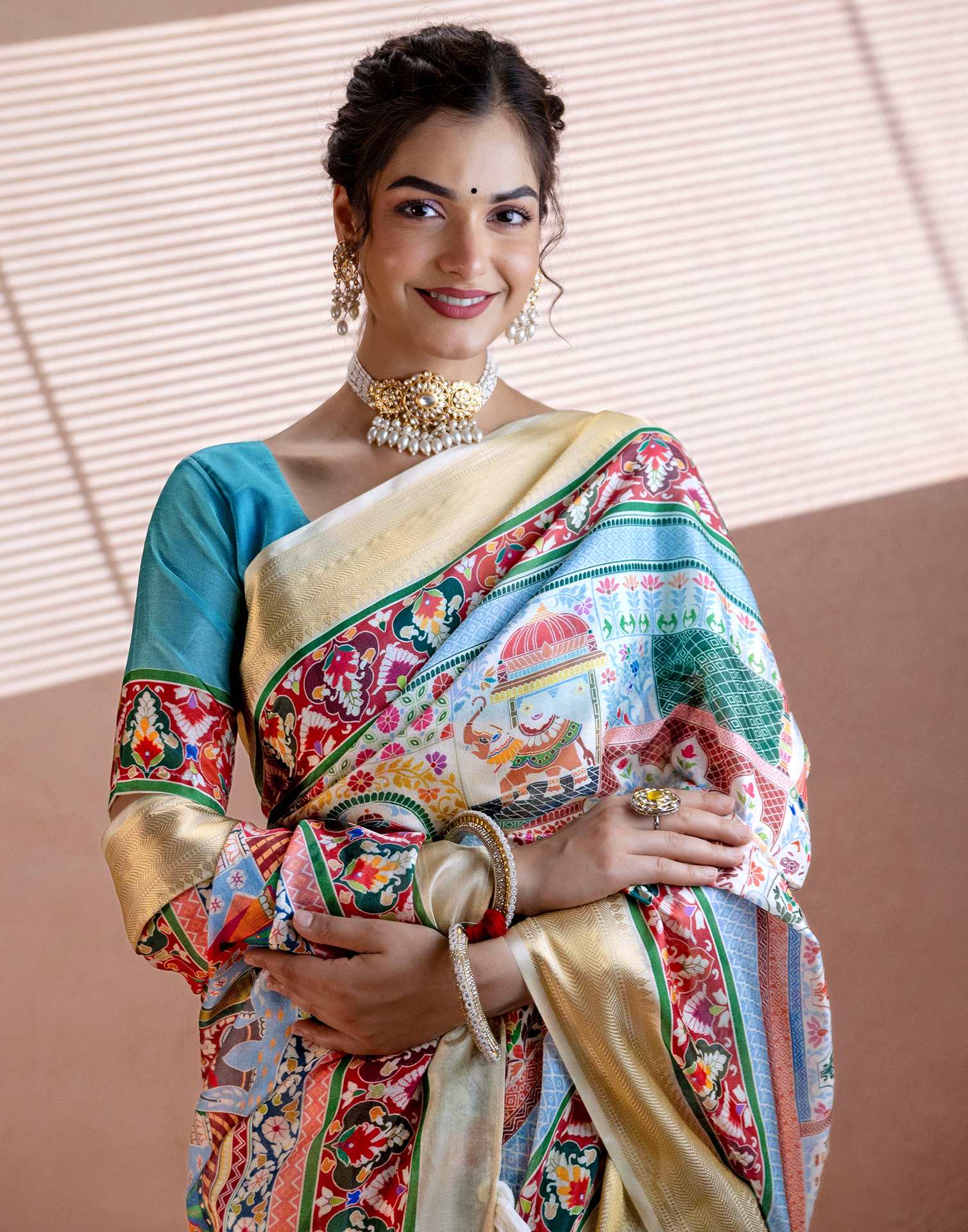 Multicoloured Silk Kalamkari Woven Border Saree - Image 10