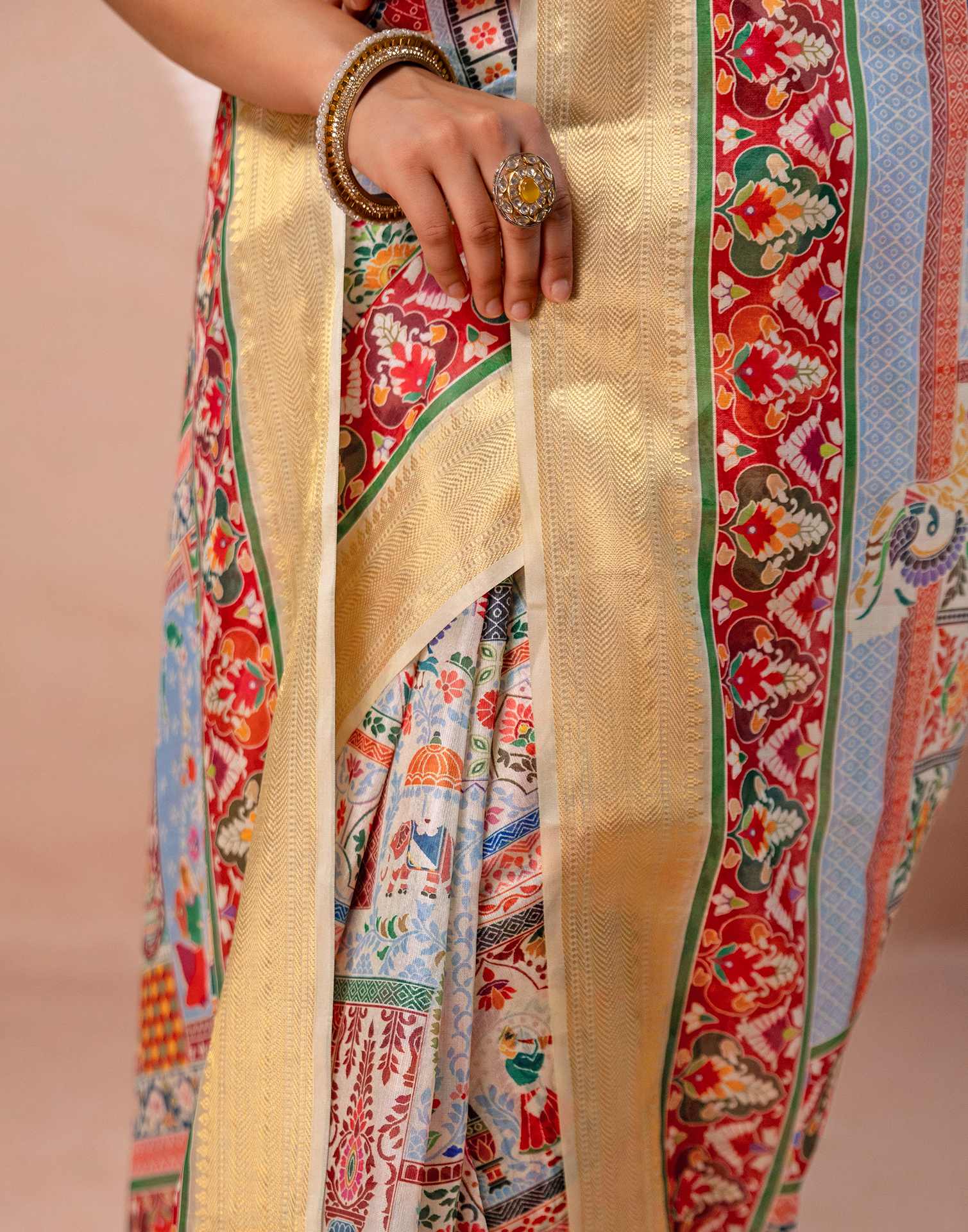 Multicoloured Silk Kalamkari Woven Border Saree - Image 11