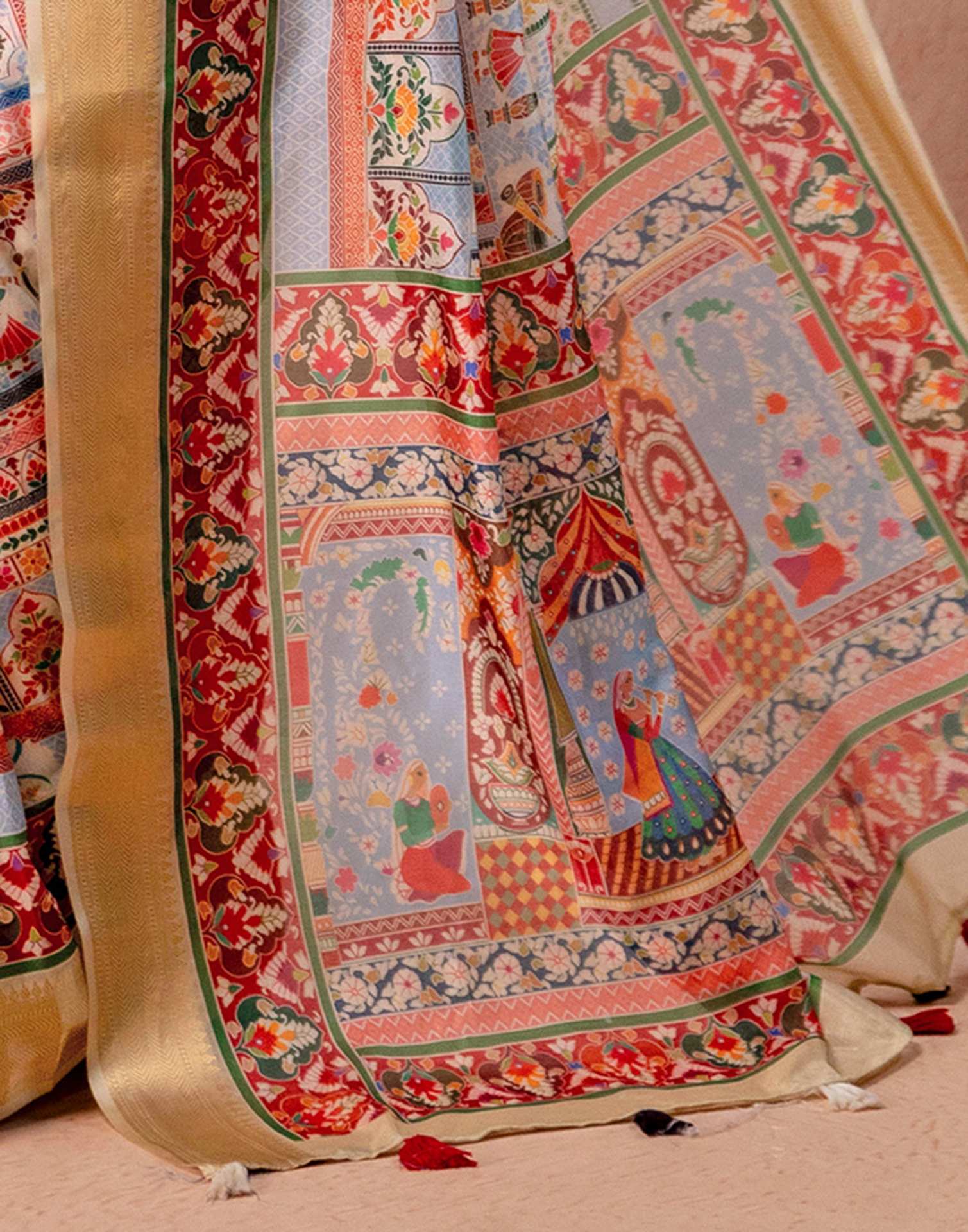 Multicoloured Silk Kalamkari Woven Border Saree - Image 12