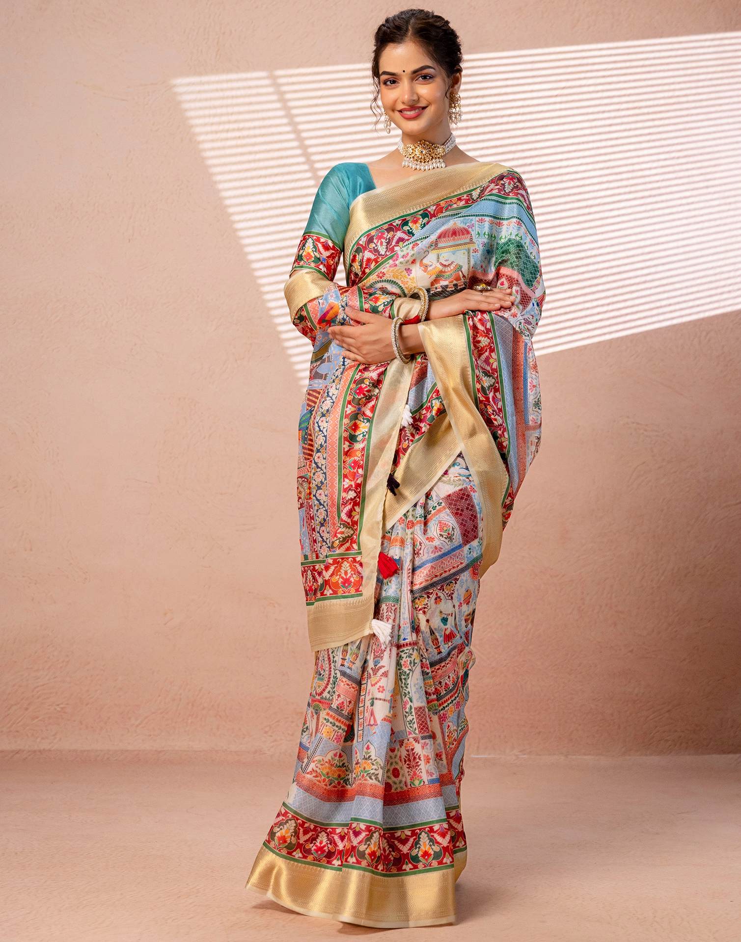 Multicoloured Silk Kalamkari Woven Border Saree - Image 6