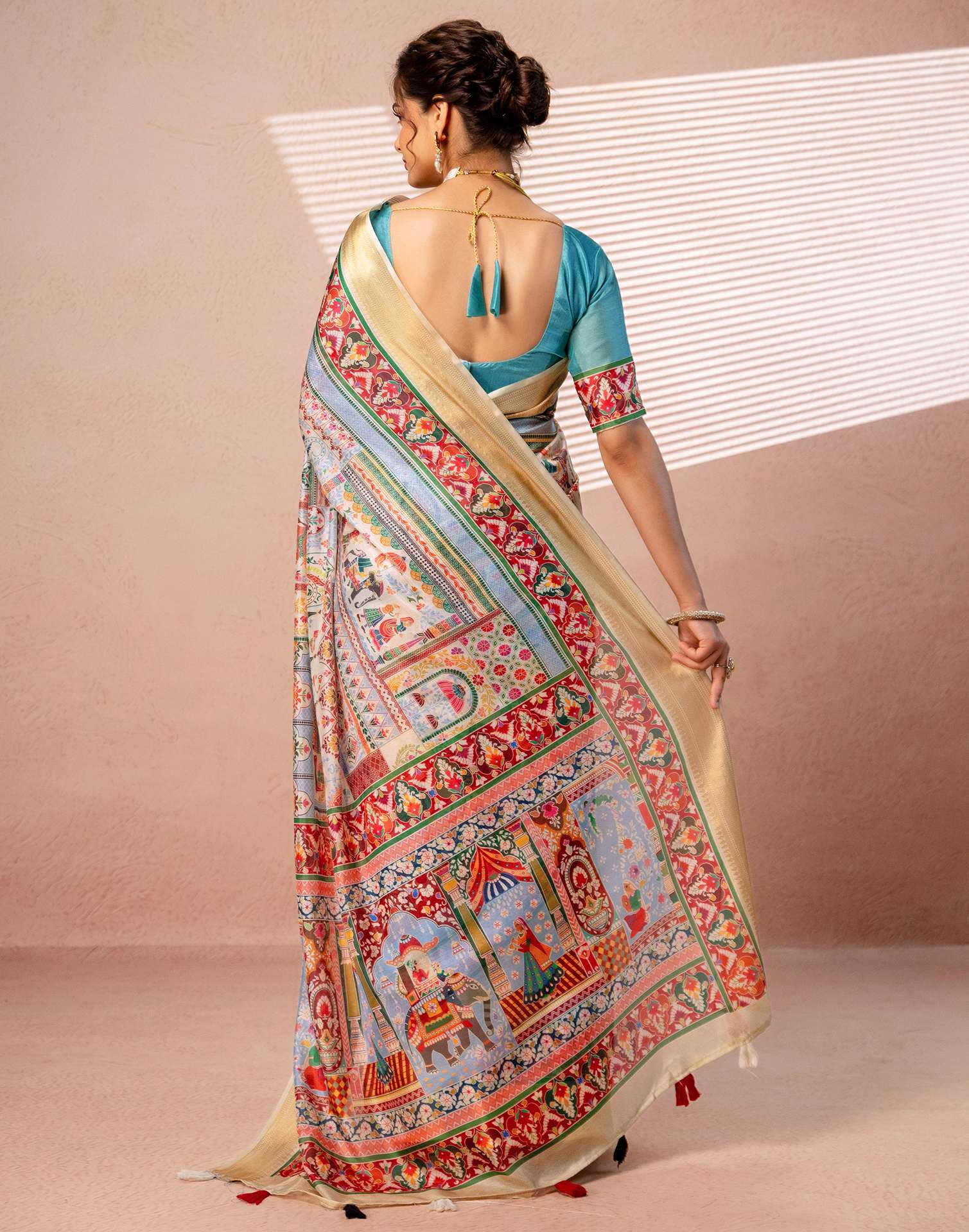 Multicoloured Silk Kalamkari Woven Border Saree - Image 7
