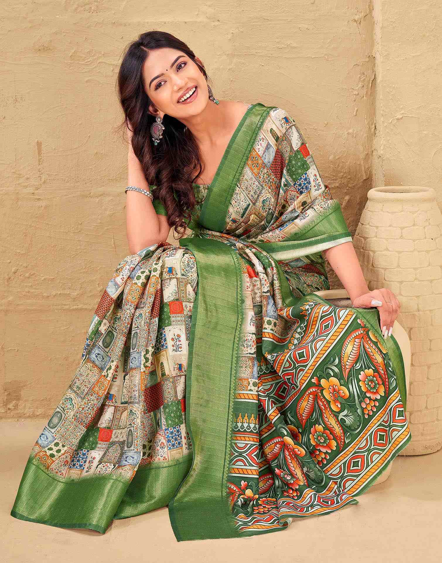 Multicoloured Silk Printed Woven Border Saree - Image 5