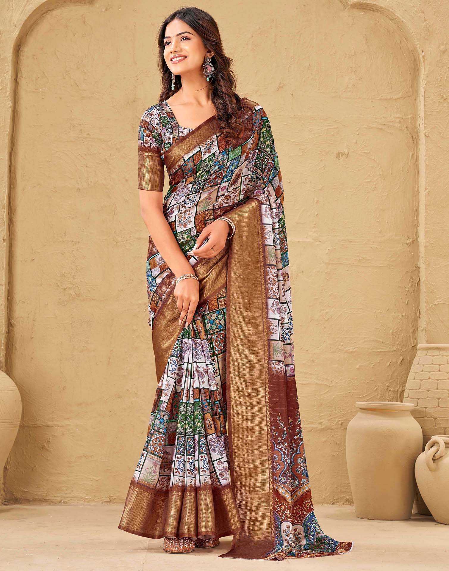 Multicoloured Silk Printed Woven Border Saree - Image 2