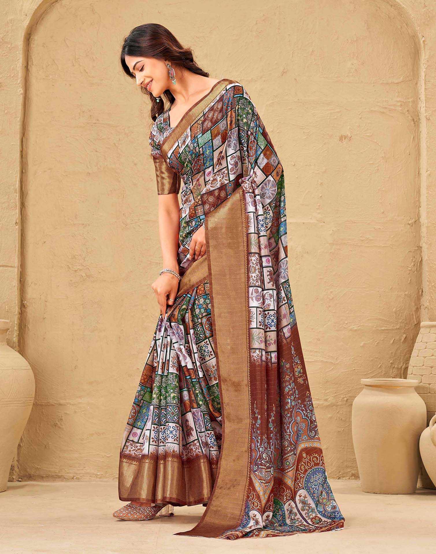 Multicoloured Silk Printed Woven Border Saree - Image 4