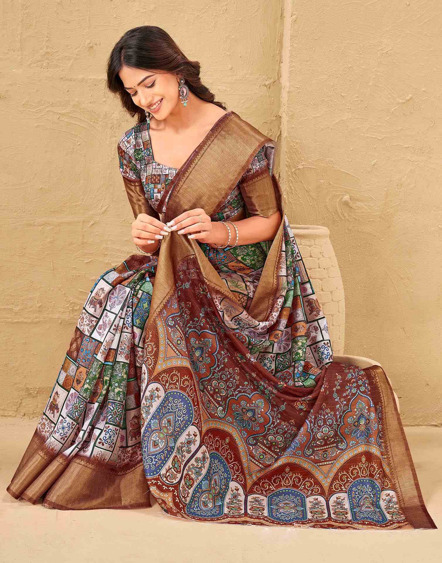 Multicoloured Silk Printed Woven Border Saree - Image 5