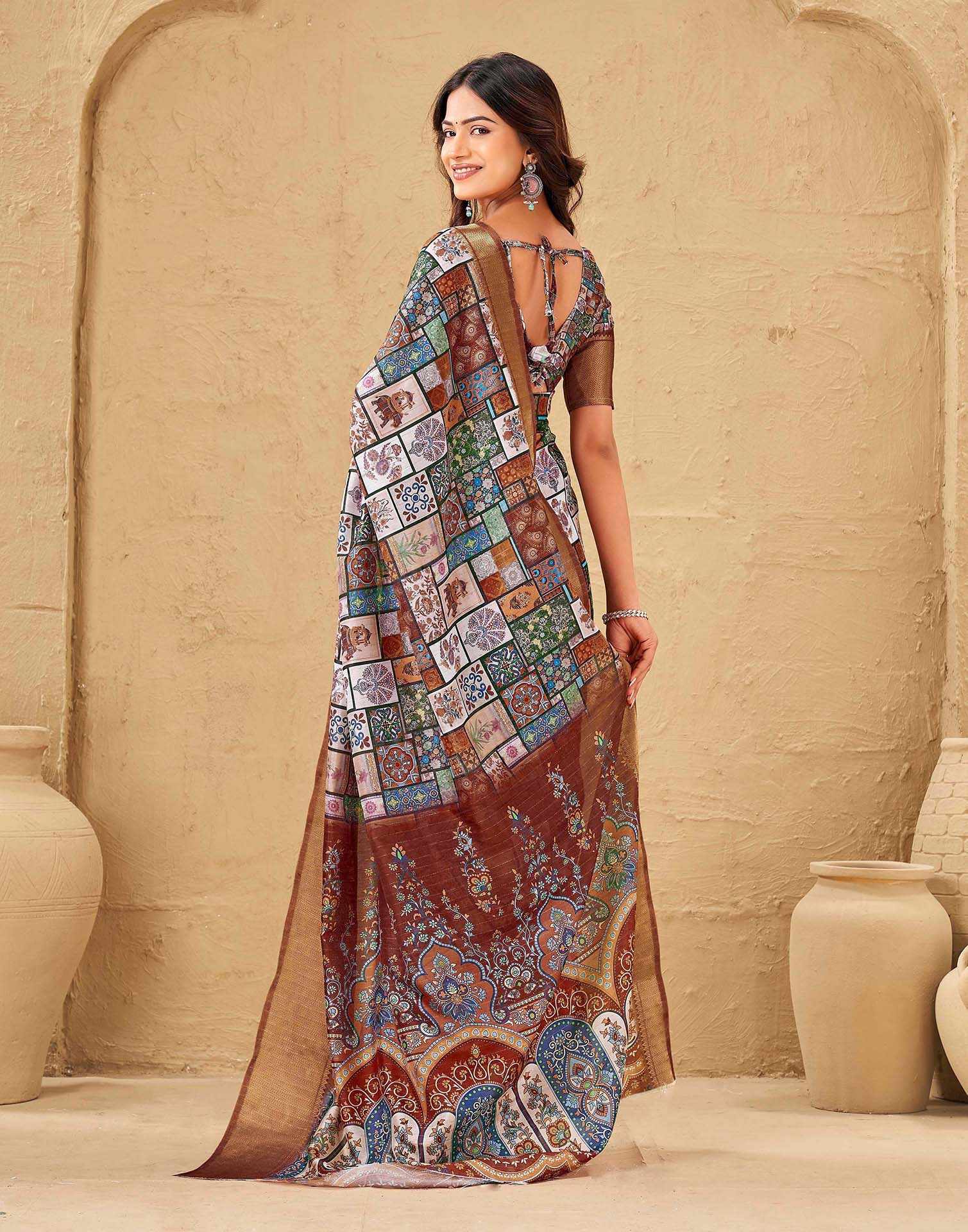 Multicoloured Silk Printed Woven Border Saree - Image 6