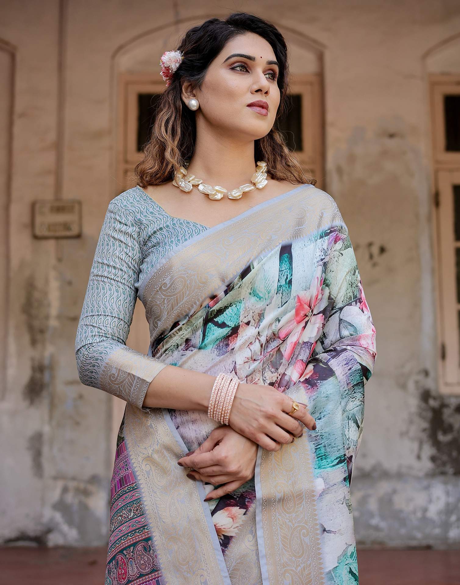 Multicoloured Tussar Silk Printed Saree - Image 2