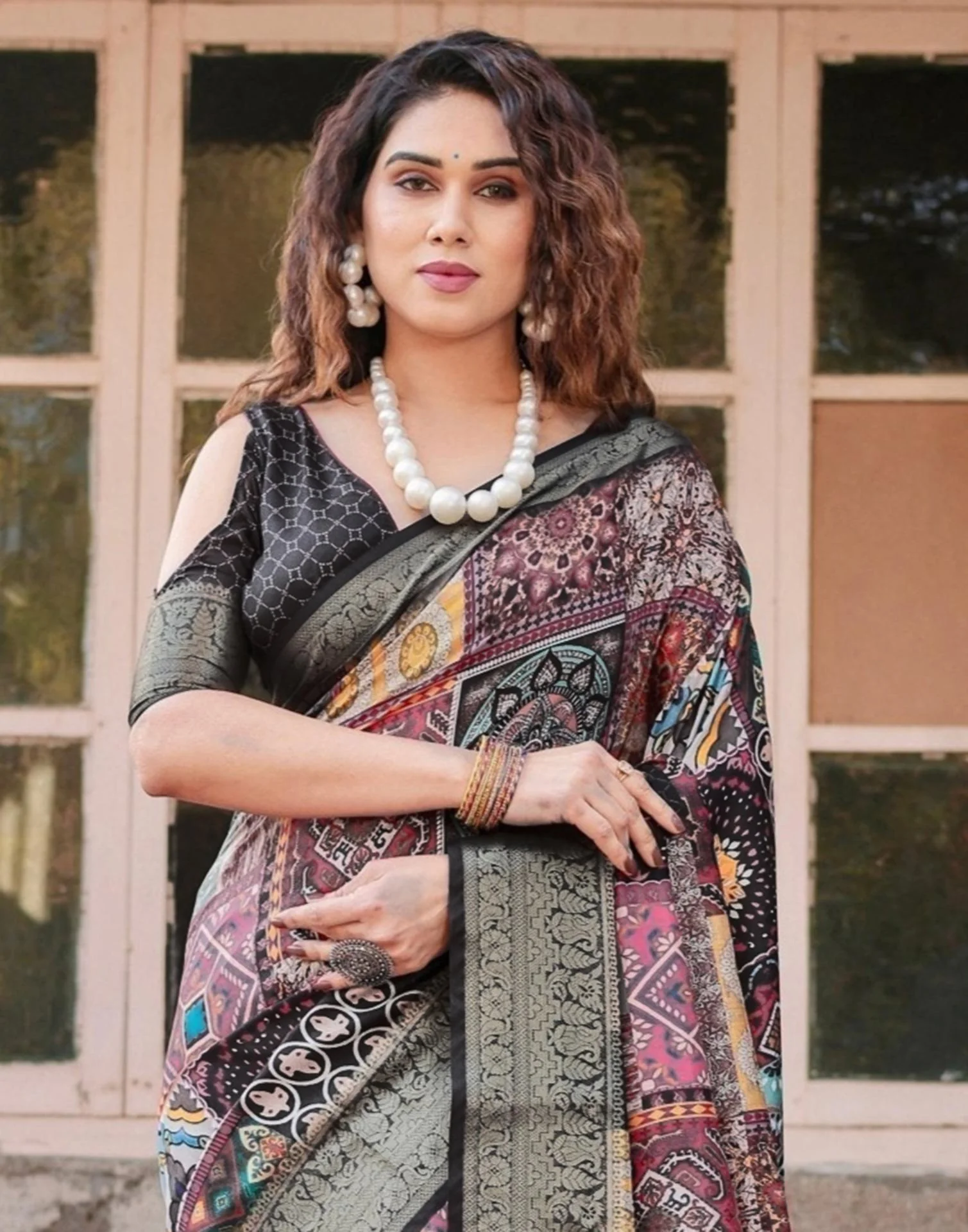 Multicoloured Tussar Silk Printed Saree - Image 2