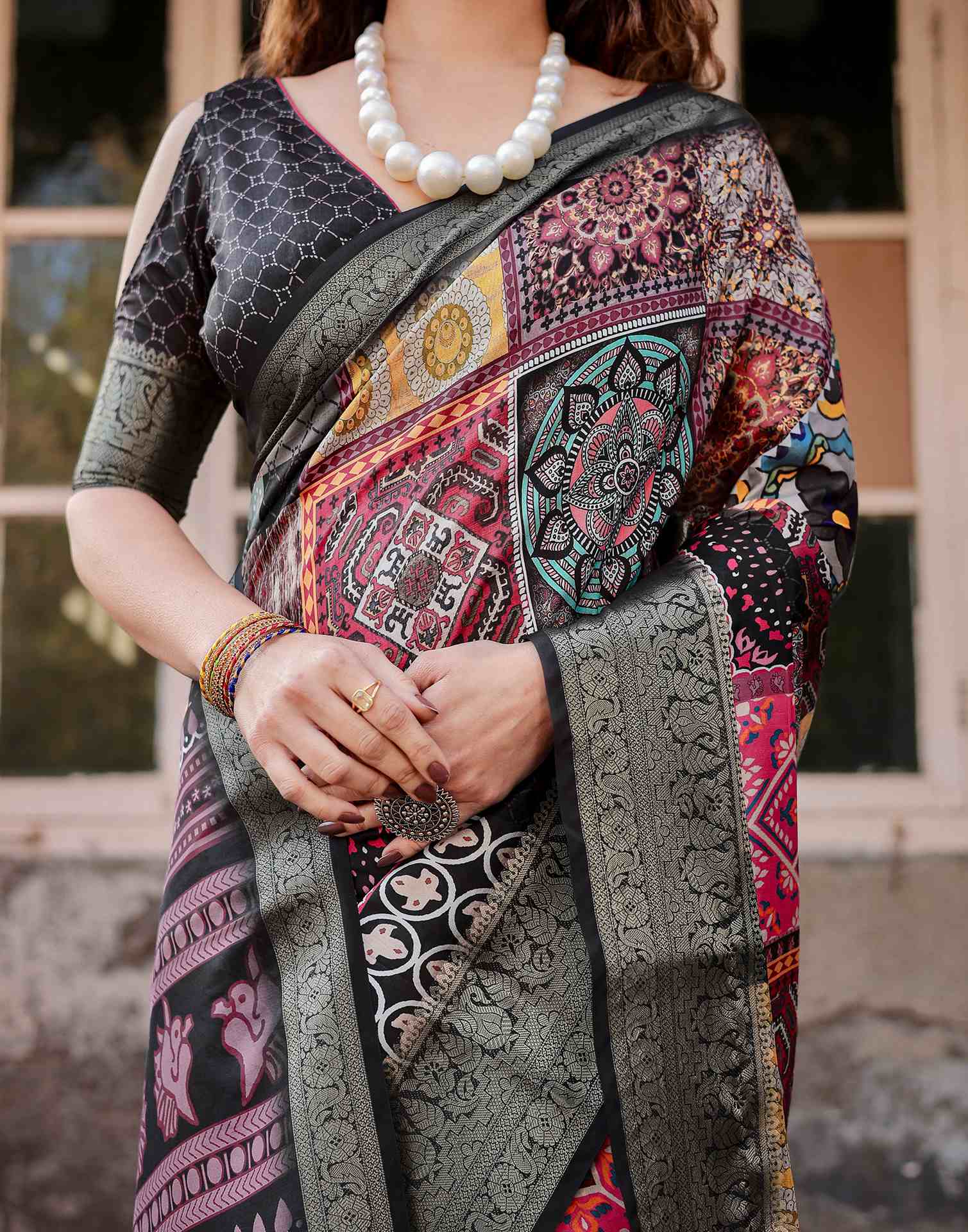 Multicoloured Tussar Silk Printed Saree - Image 5