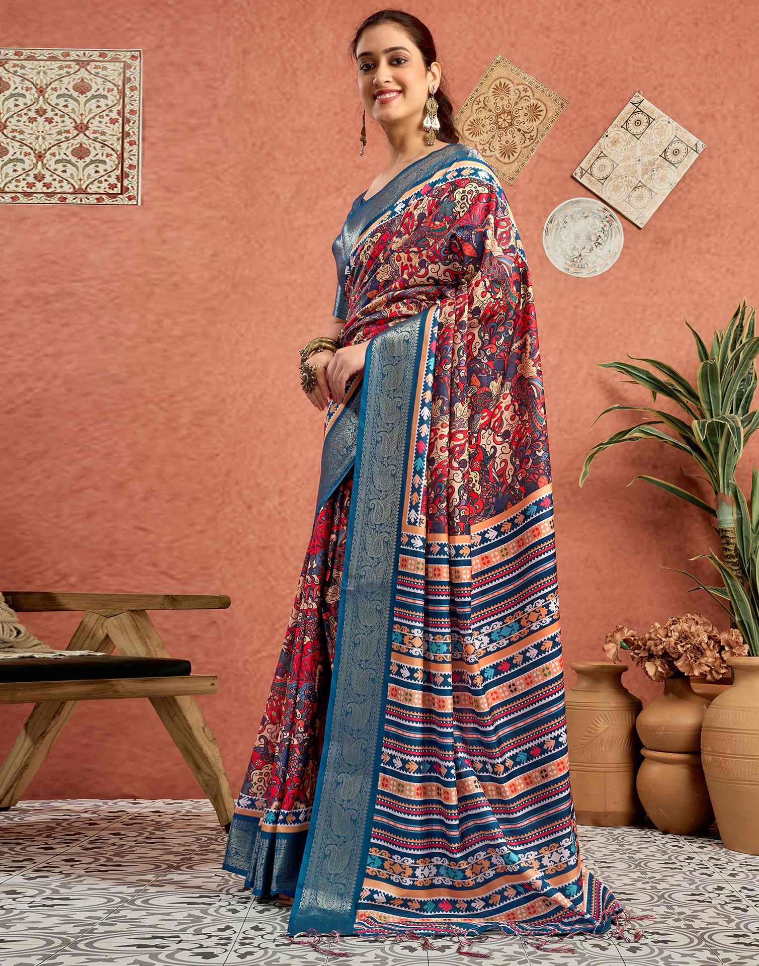 Multicoloured Tussar Silk Printed Saree - Image 4
