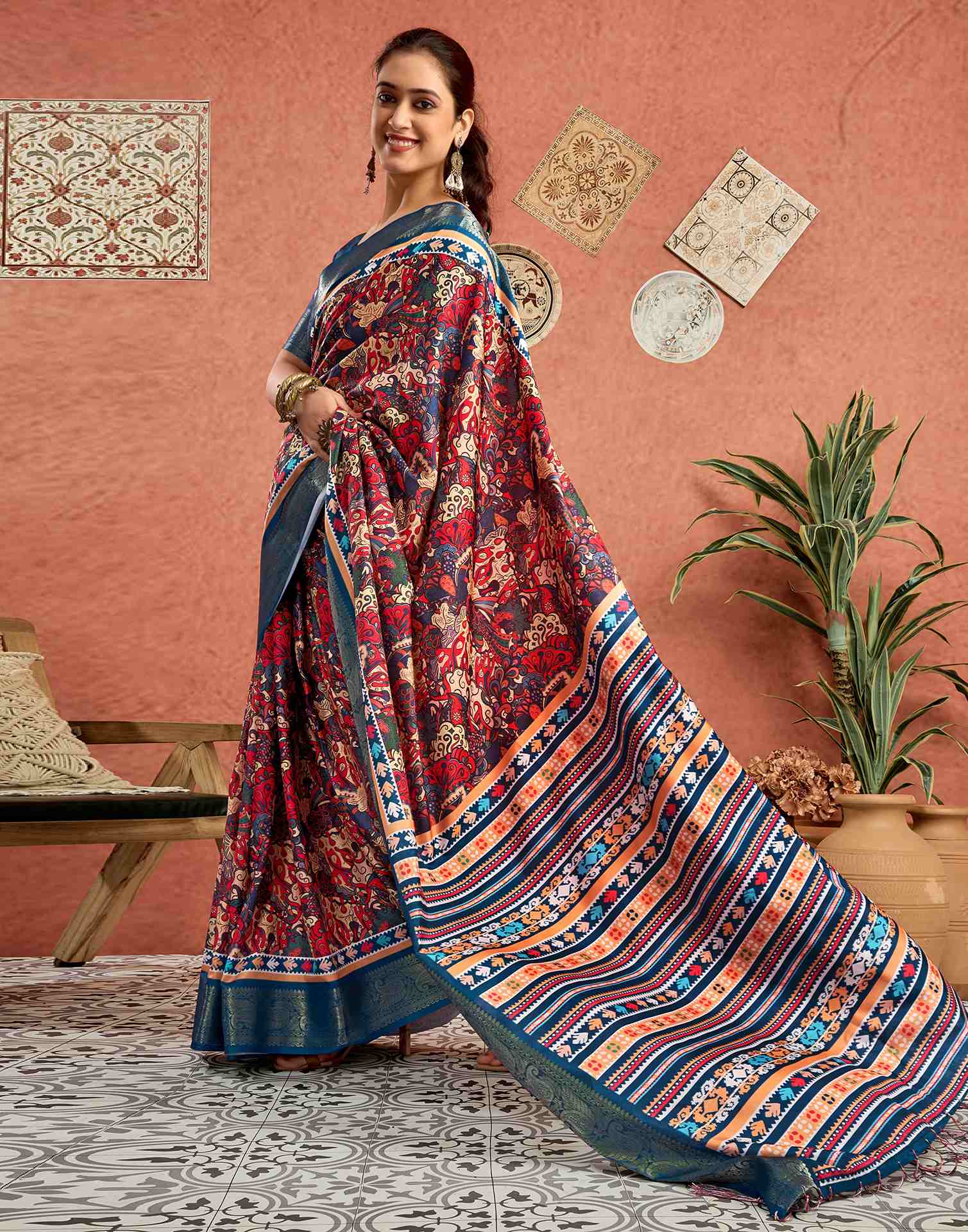 Multicoloured Tussar Silk Printed Saree - Image 5