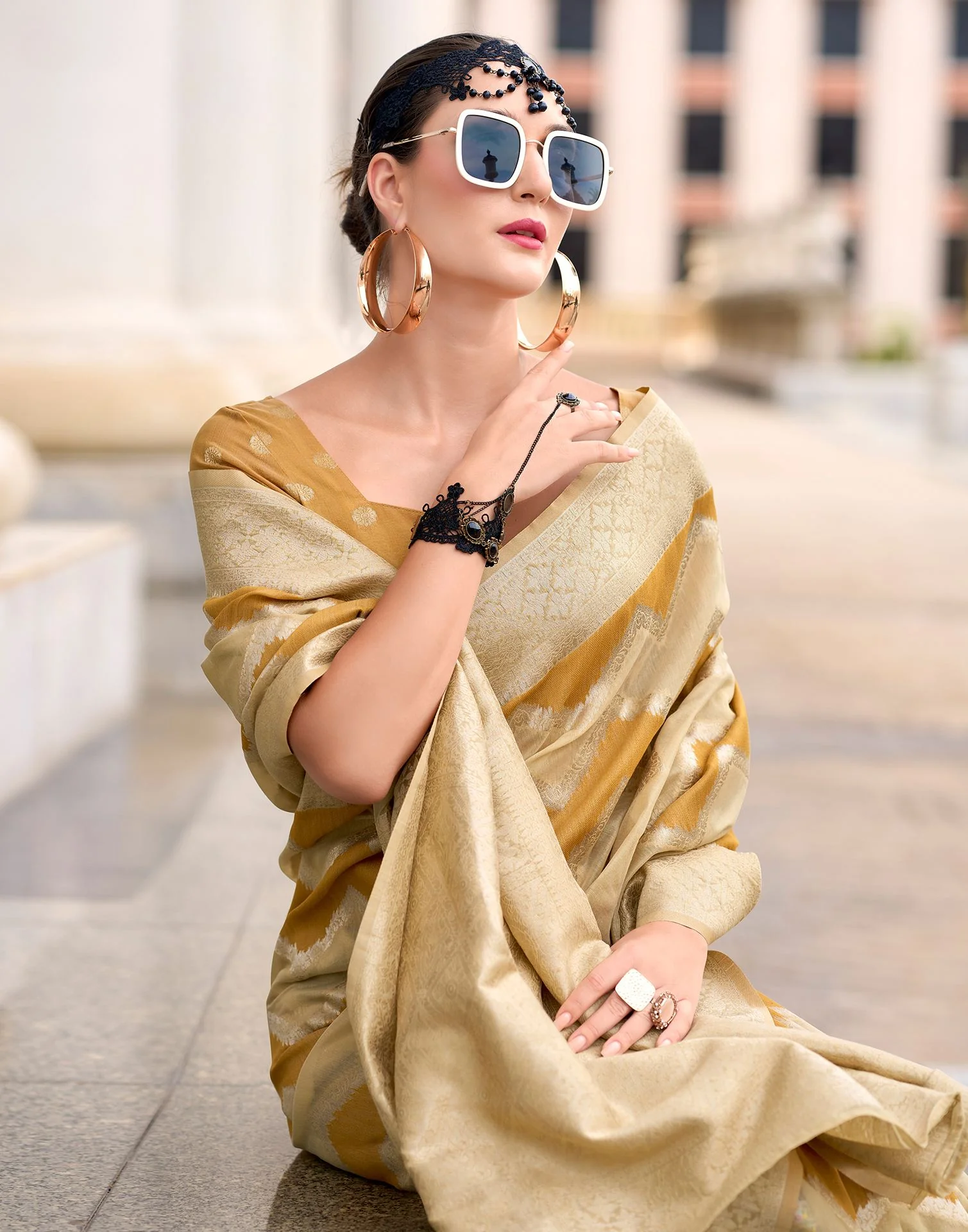 Mustard Yellow Cotton Linen Woven Saree - Image 2