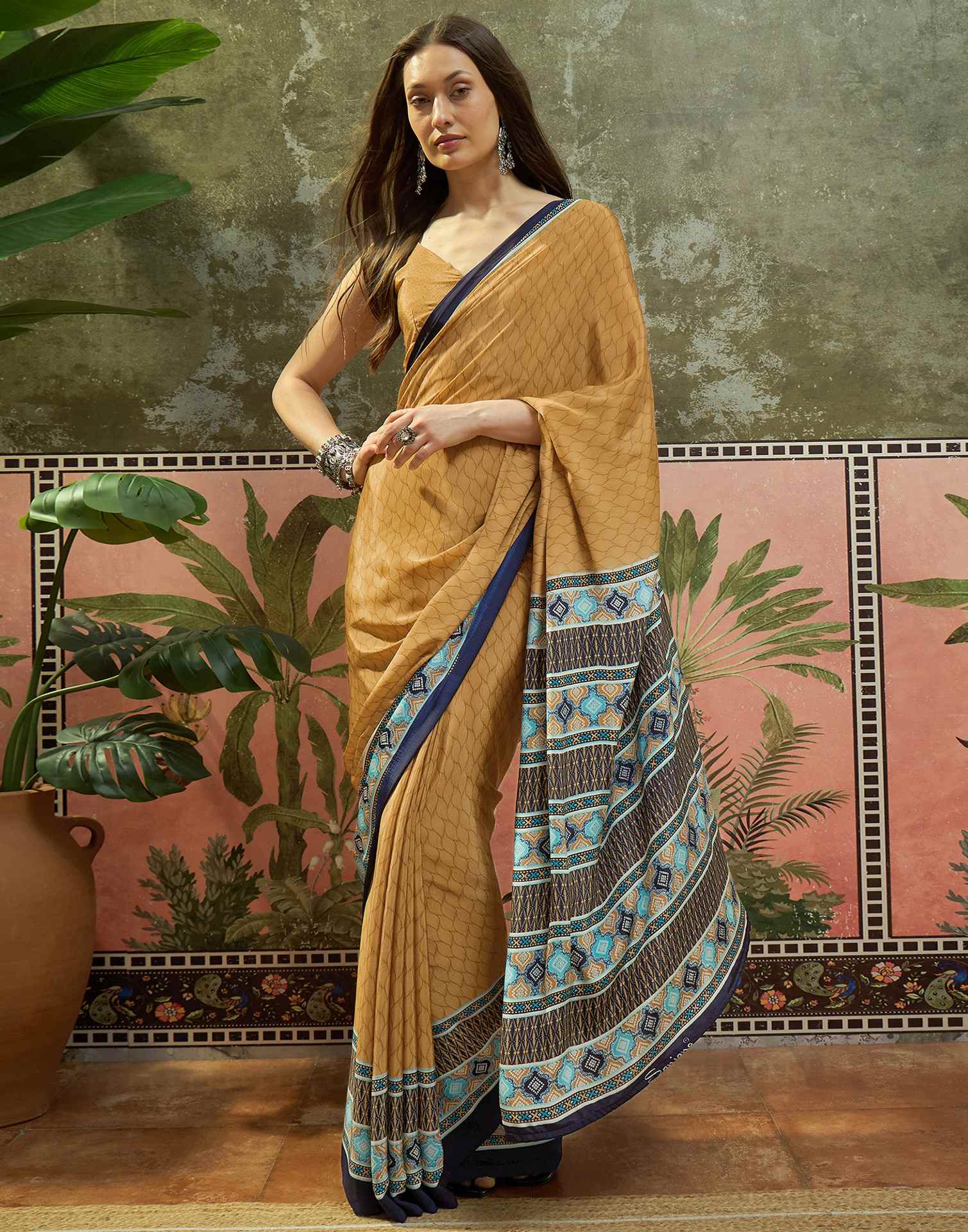 Mustard Crepe Silk Printed Saree