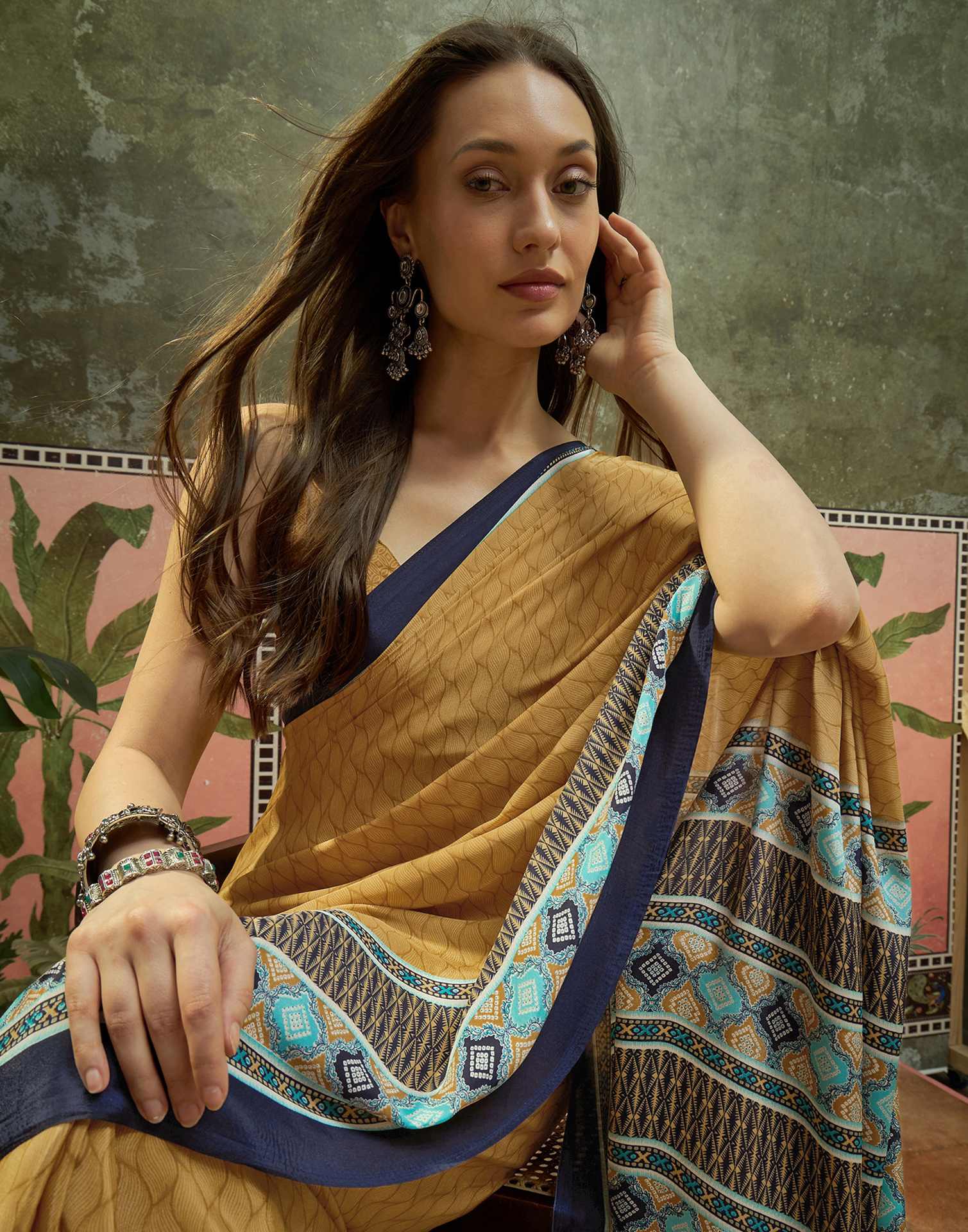 Mustard Crepe Silk Printed Saree - Image 7