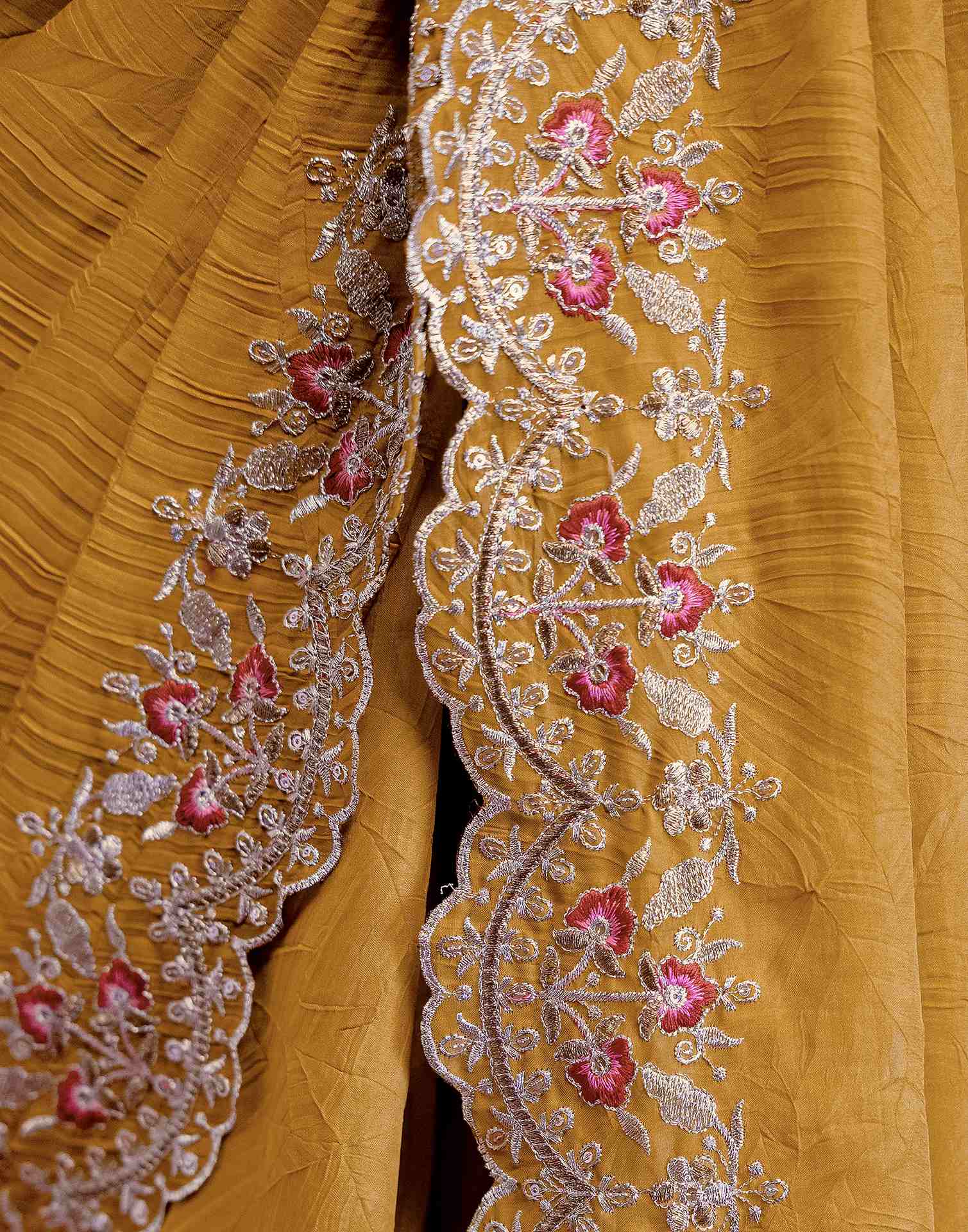 Mustard Yellow Crush Satin Embroidery Saree - Image 10