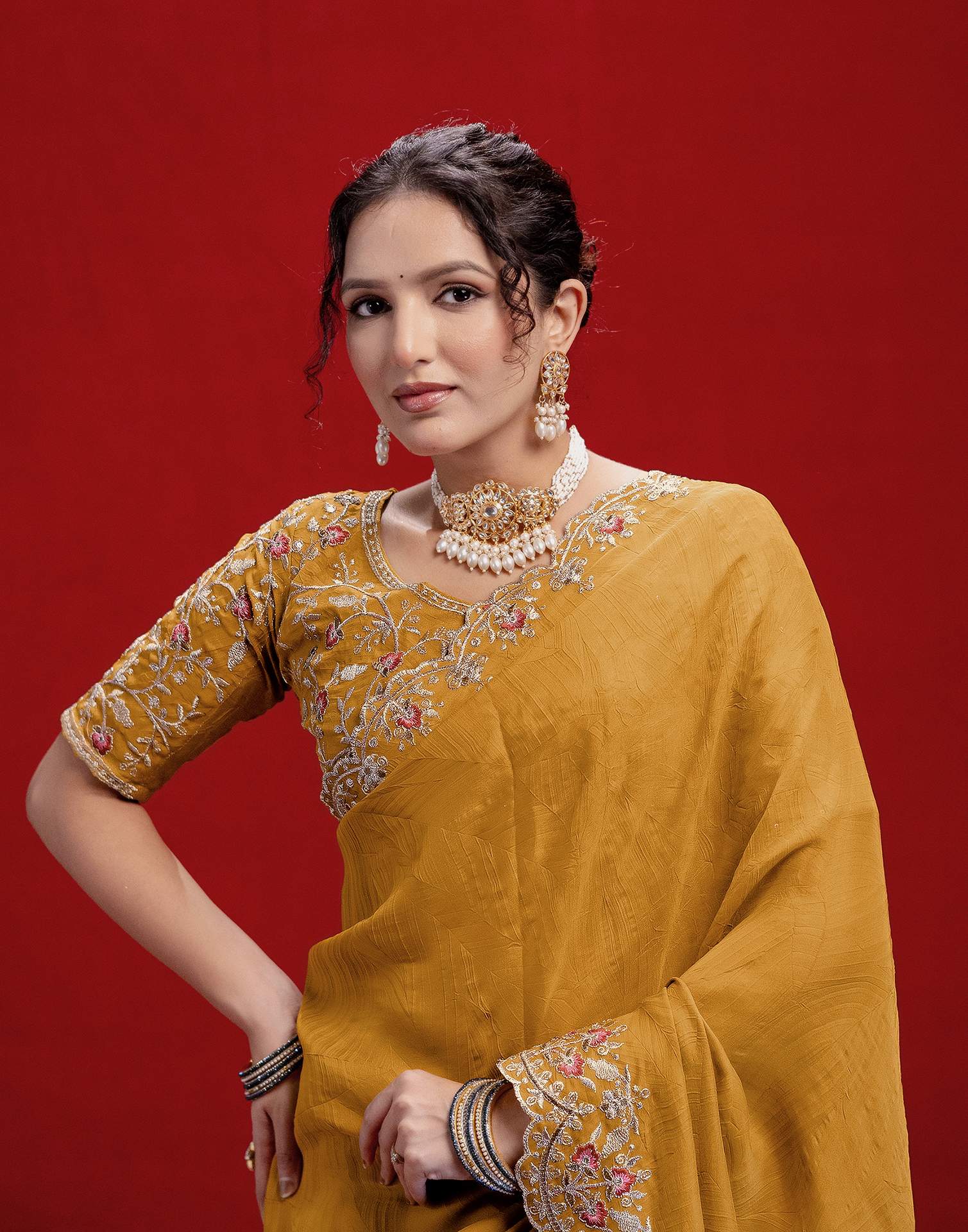 Mustard Yellow Crush Satin Embroidery Saree - Image 2