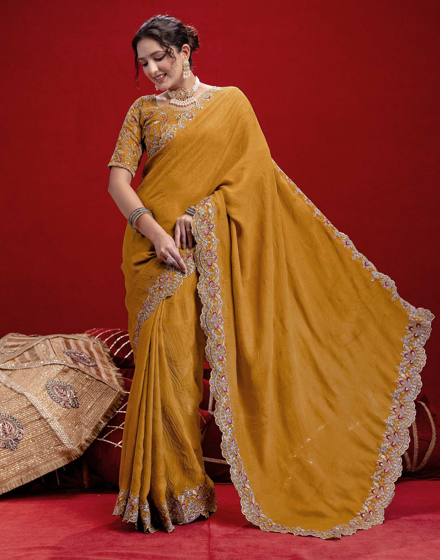 Mustard Yellow Crush Satin Embroidery Saree - Image 4
