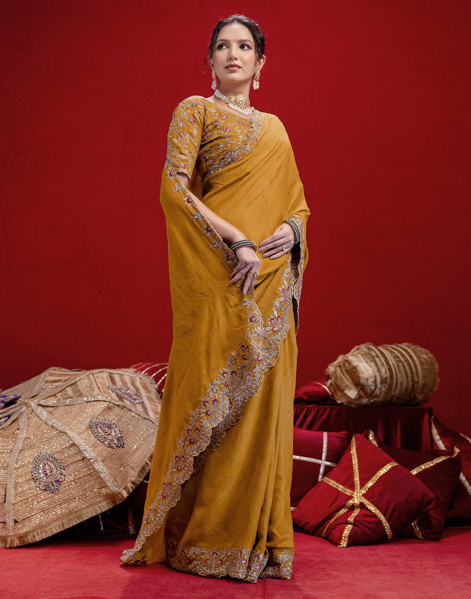 Mustard Yellow Crush Satin Embroidery Saree - Image 7