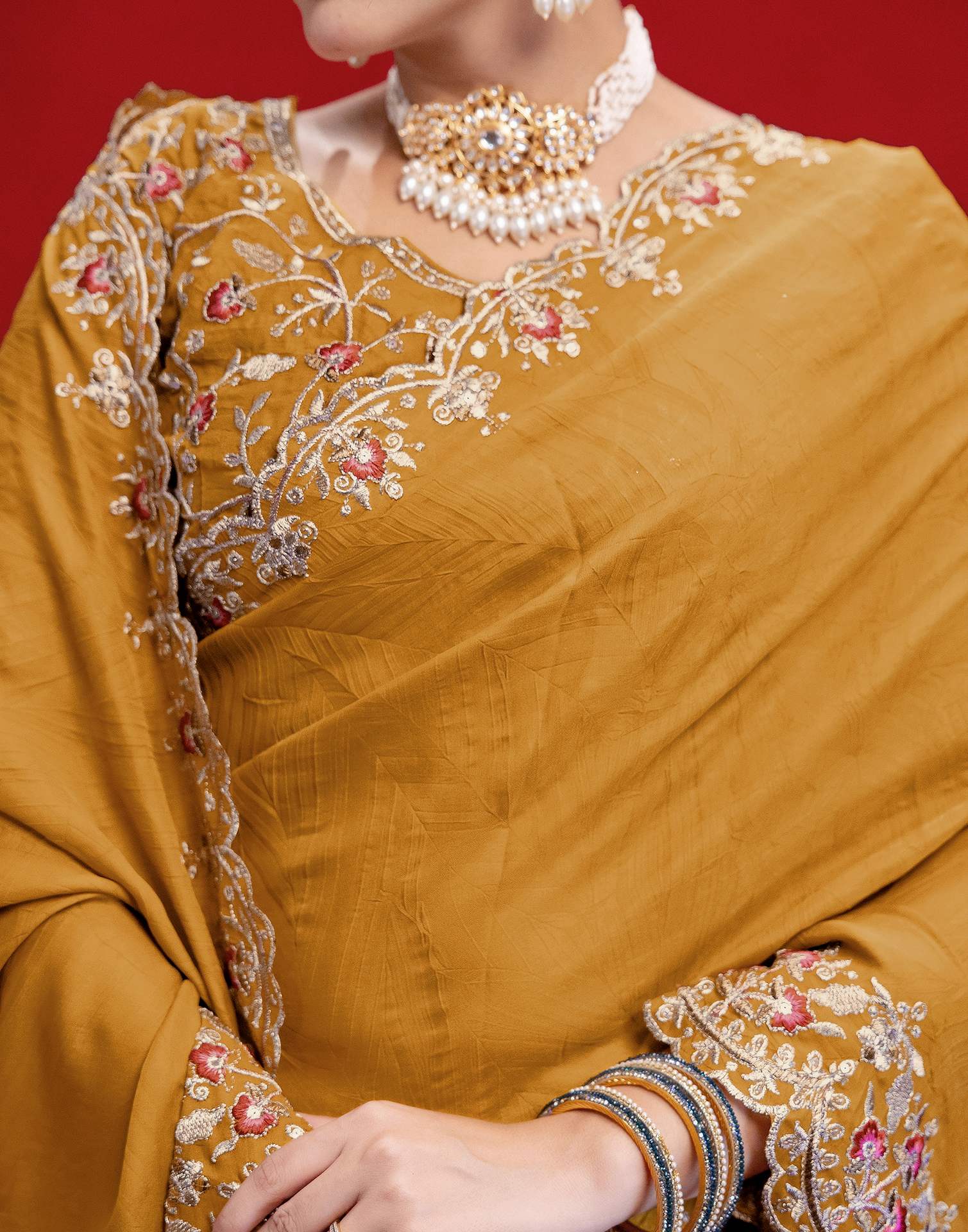 Mustard Yellow Crush Satin Embroidery Saree - Image 9