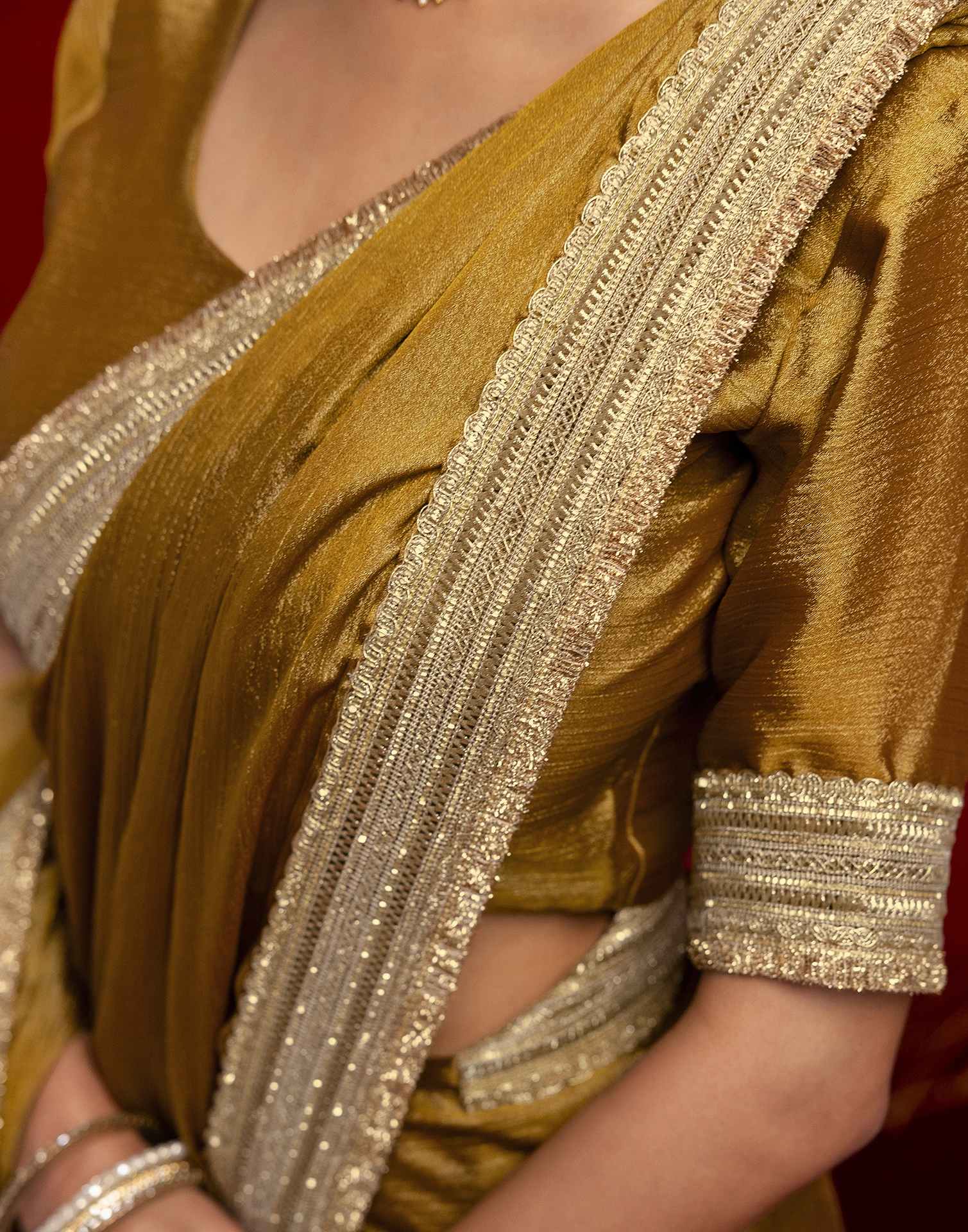 Mustard Green Chinnon Silk Gota Lace Saree - Image 10