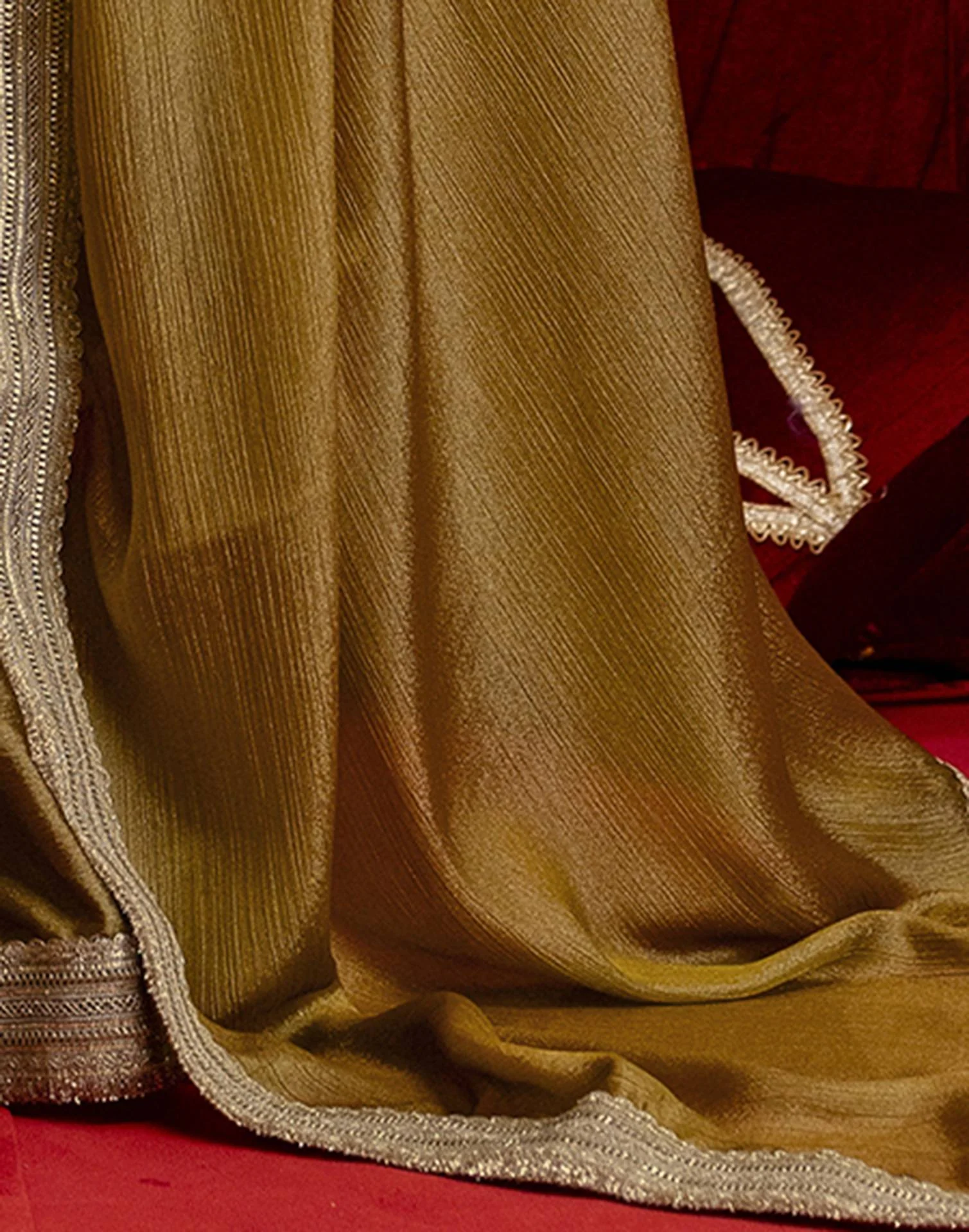 Mustard Green Chinnon Silk Gota Lace Saree - Image 11