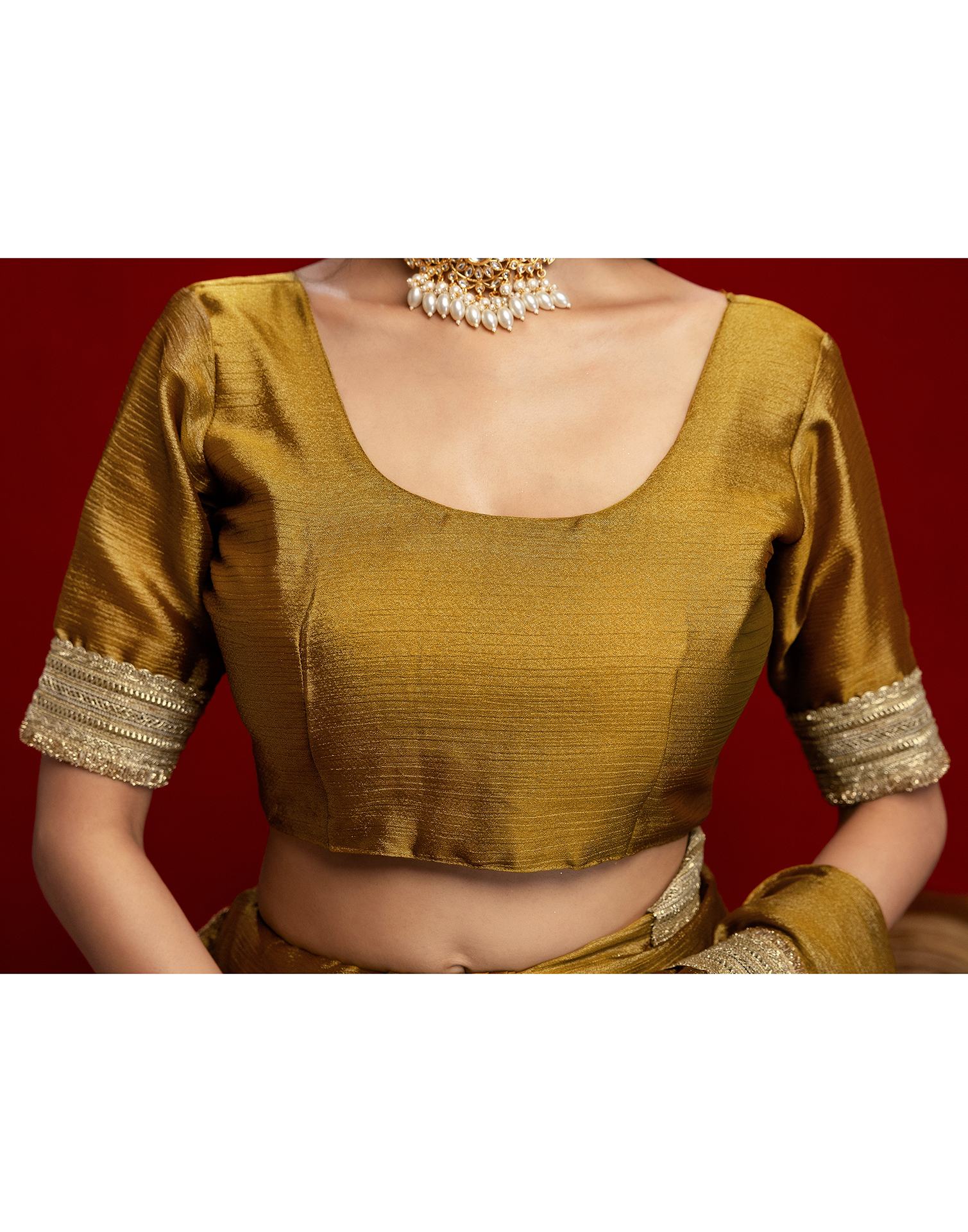 Mustard Green Chinnon Silk Gota Lace Saree - Image 12