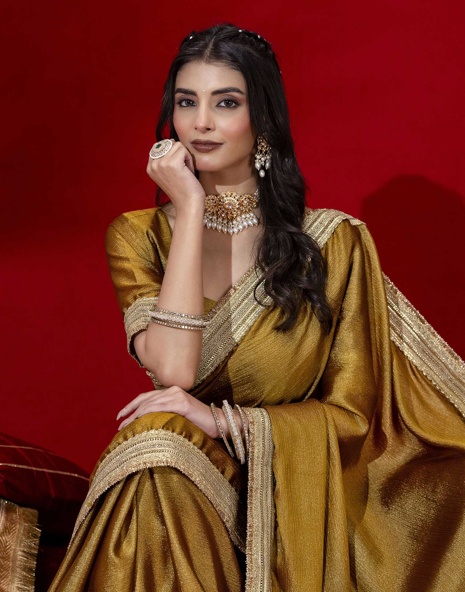 Mustard Green Chinnon Silk Gota Lace Saree - Image 2
