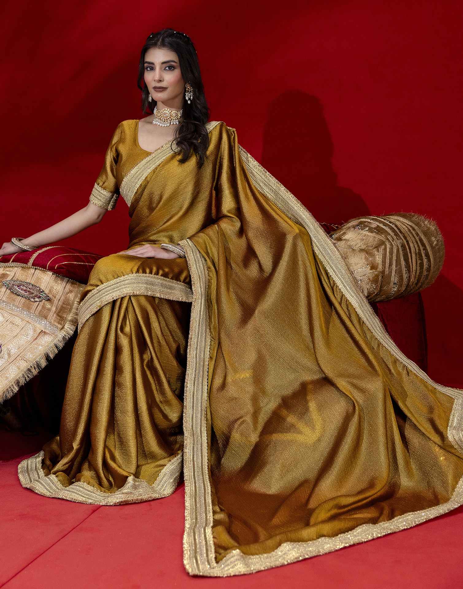 Mustard Green Chinnon Silk Gota Lace Saree - Image 4
