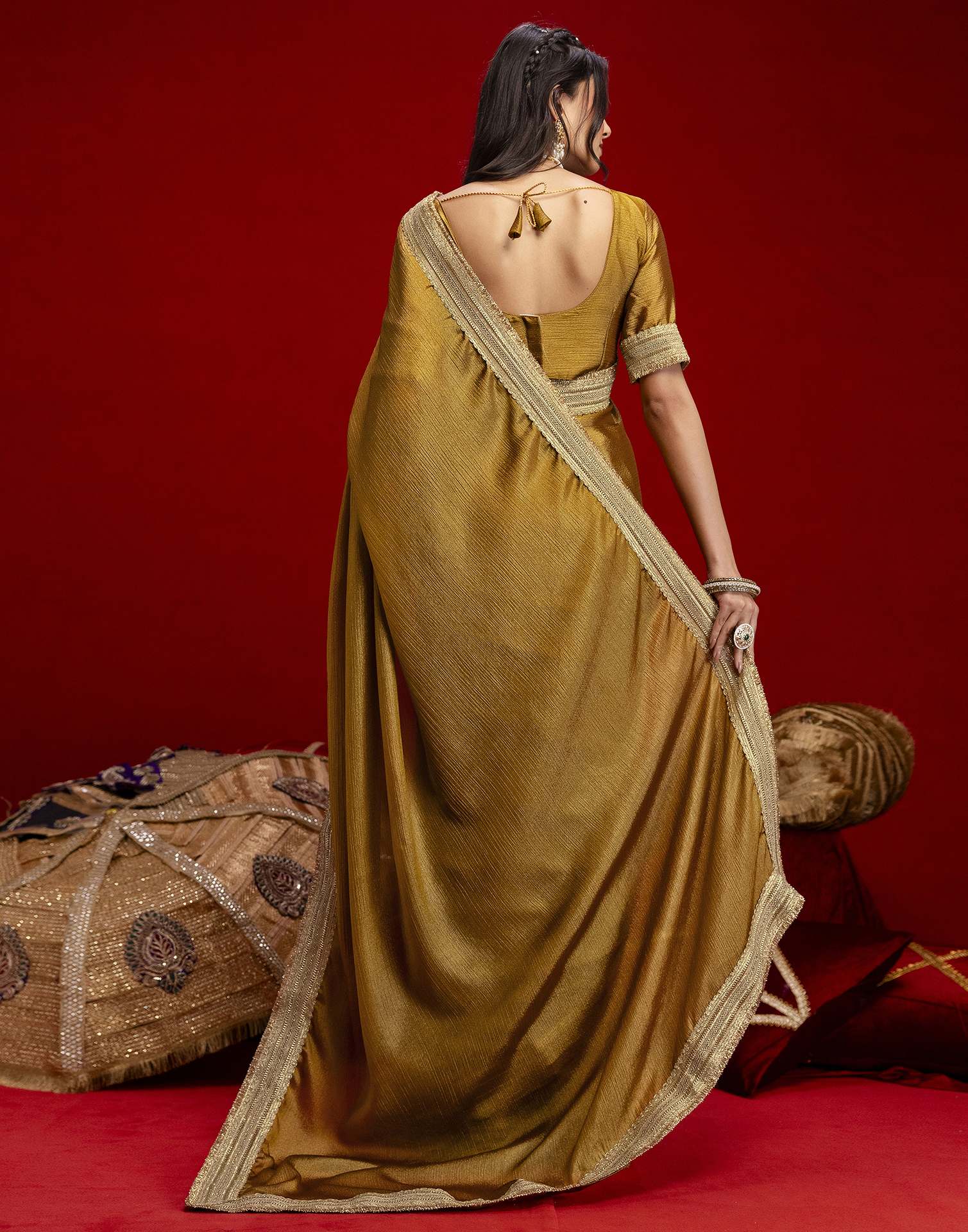 Mustard Green Chinnon Silk Gota Lace Saree - Image 7