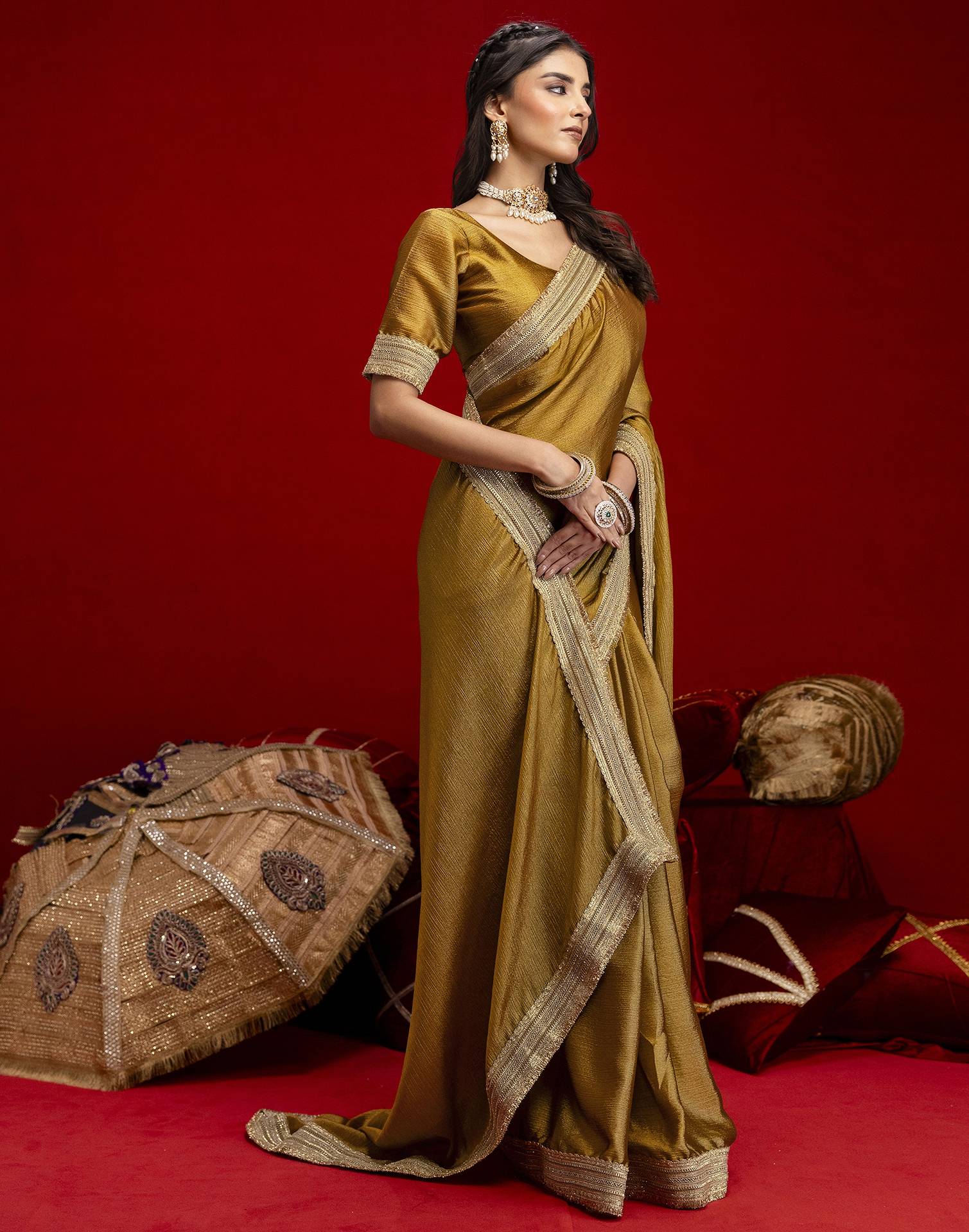 Mustard Green Chinnon Silk Gota Lace Saree - Image 8