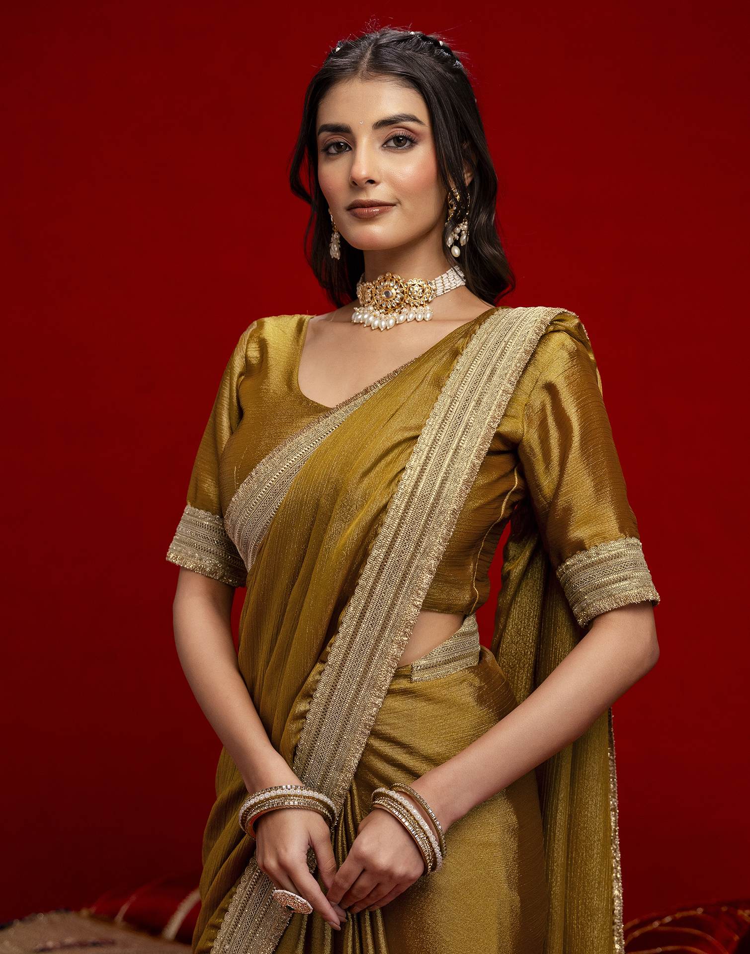 Mustard Green Chinnon Silk Gota Lace Saree - Image 9