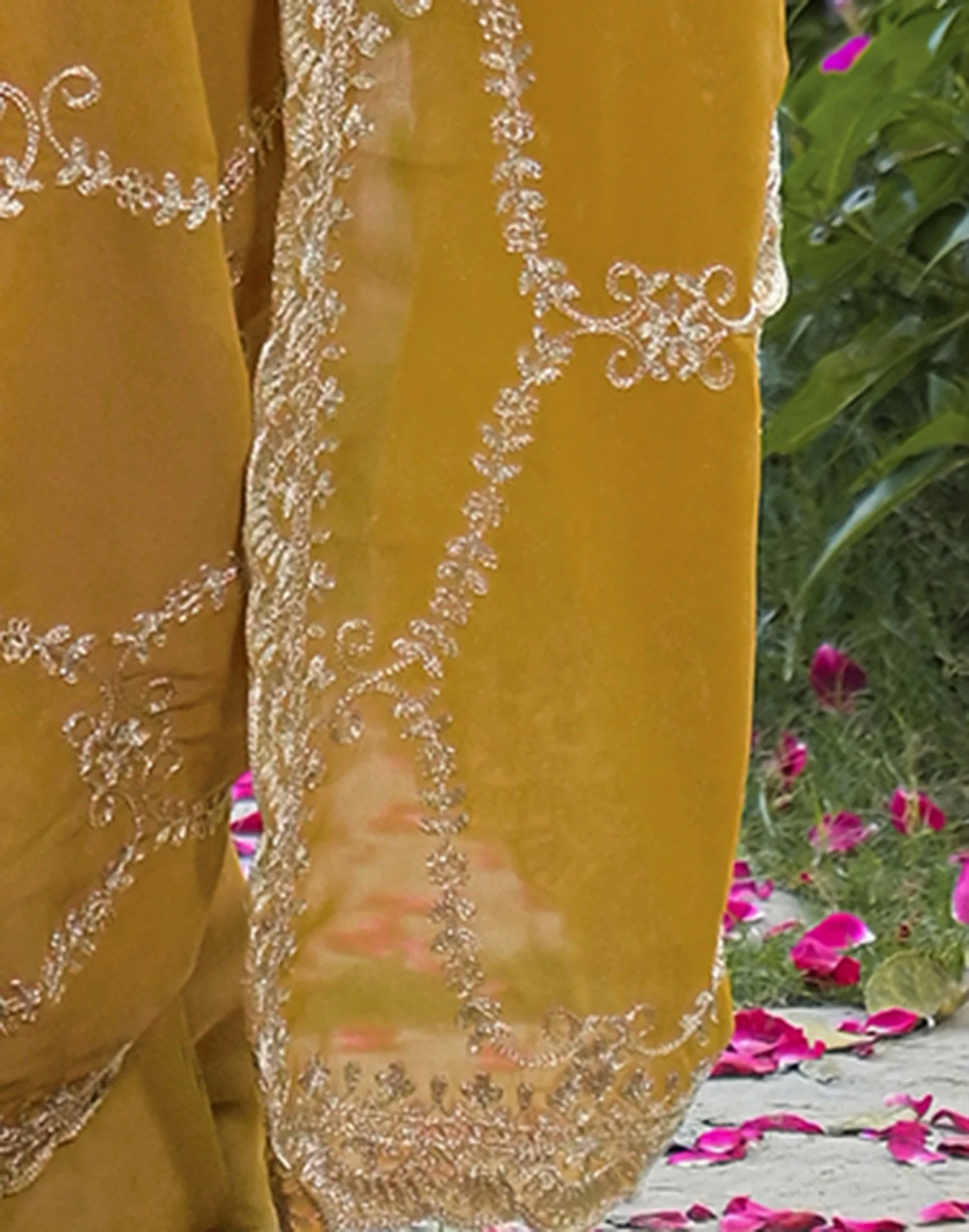 Mustard Green Shimmer Embroidery Saree - Image 6