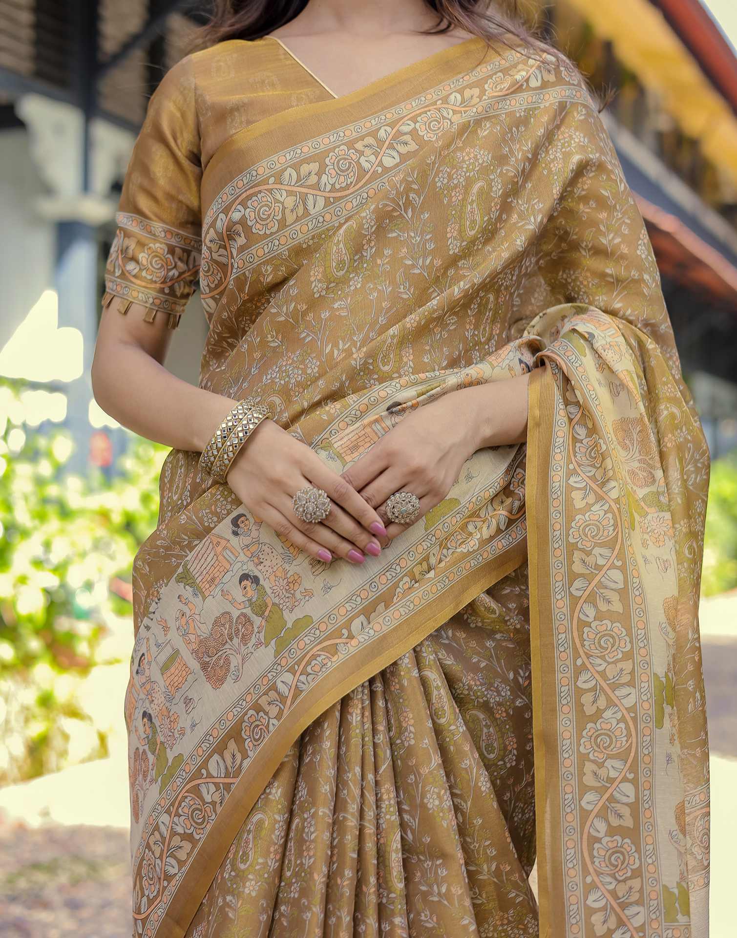 Mustard Shimmer Silk Printed Saree - Image 11