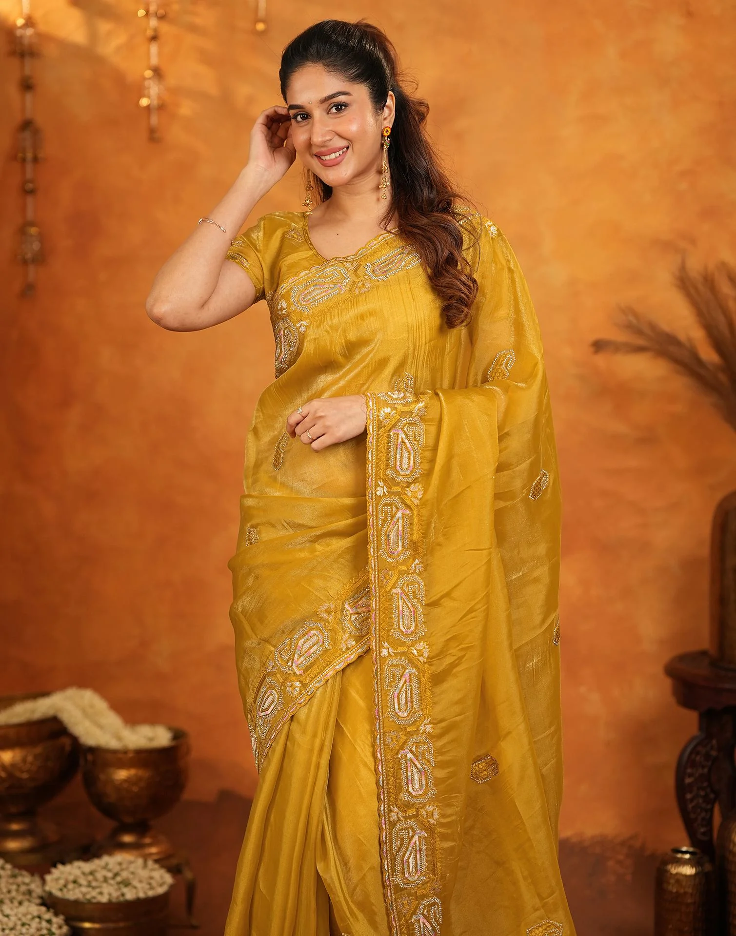 Mustard Shimmer Silk Stone Work Embroidery Saree - Image 11