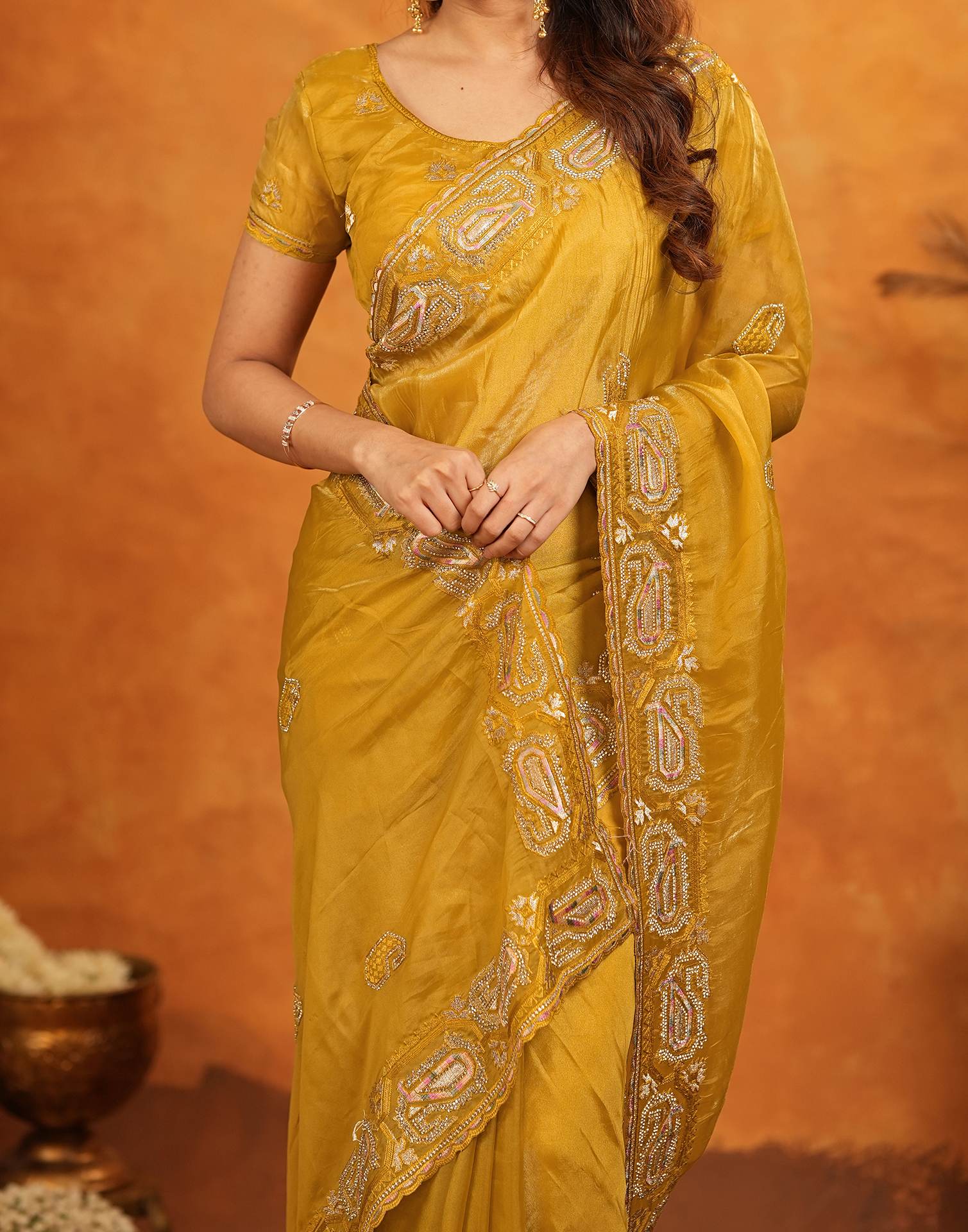 Mustard Shimmer Silk Stone Work Embroidery Saree - Image 12