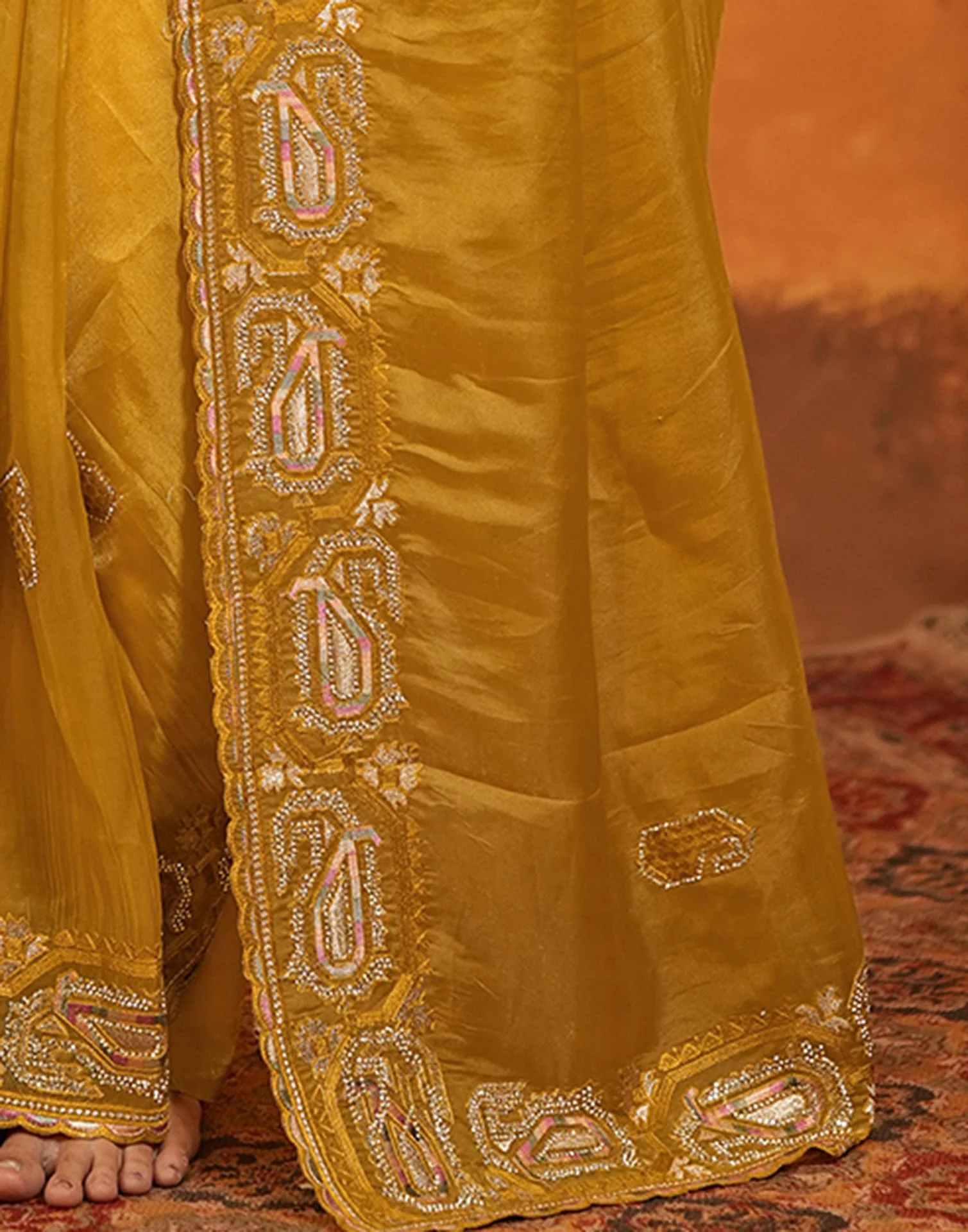 Mustard Shimmer Silk Stone Work Embroidery Saree - Image 13