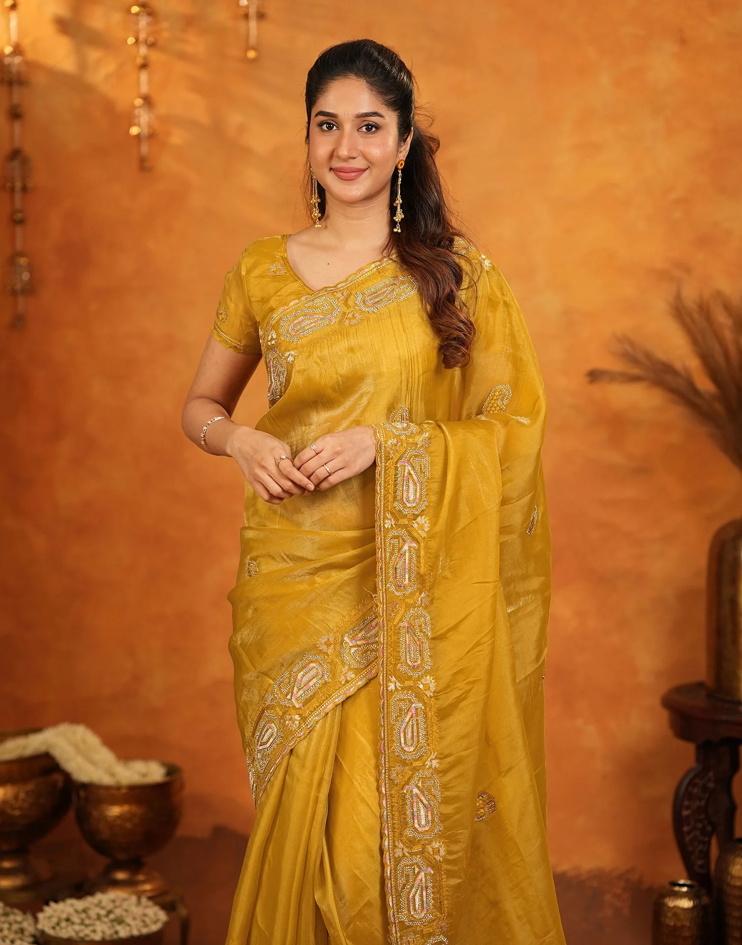 Mustard Shimmer Silk Stone Work Embroidery Saree - Image 2
