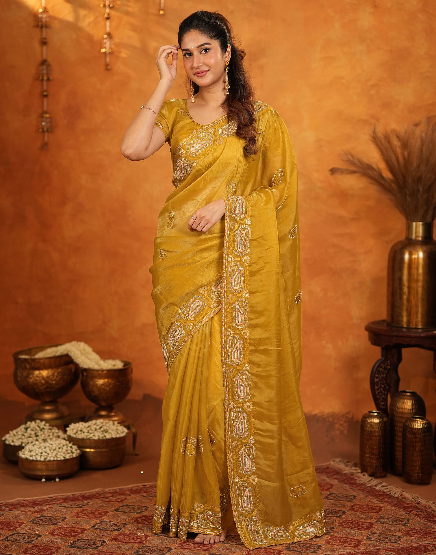 Mustard Shimmer Silk Stone Work Embroidery Saree - Image 4