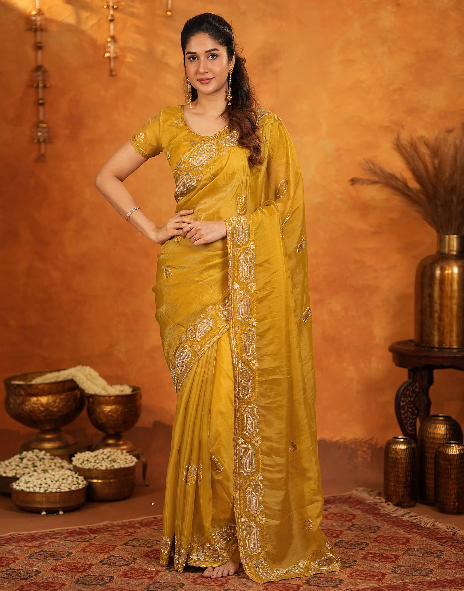 Mustard Shimmer Silk Stone Work Embroidery Saree - Image 5