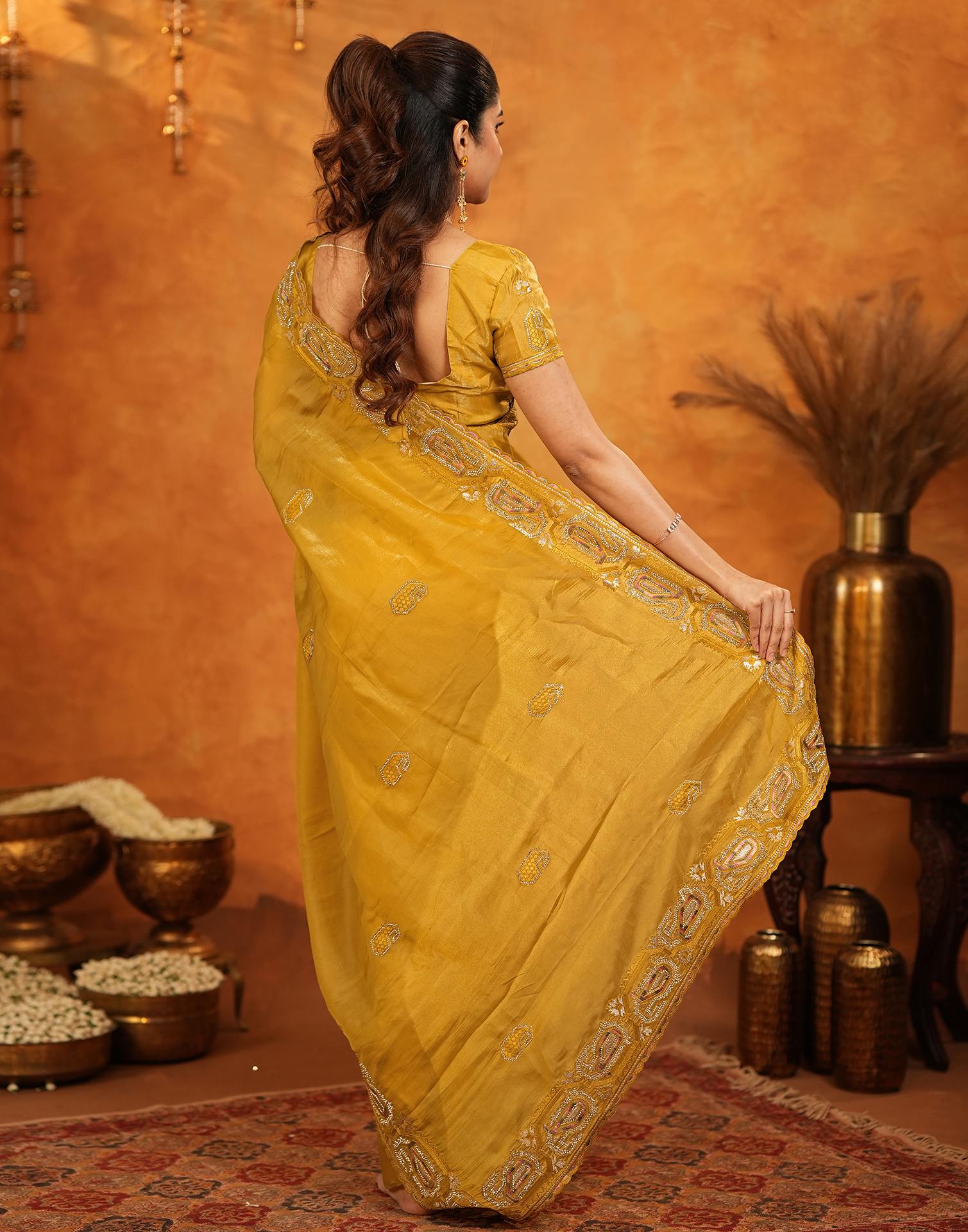 Mustard Shimmer Silk Stone Work Embroidery Saree - Image 6