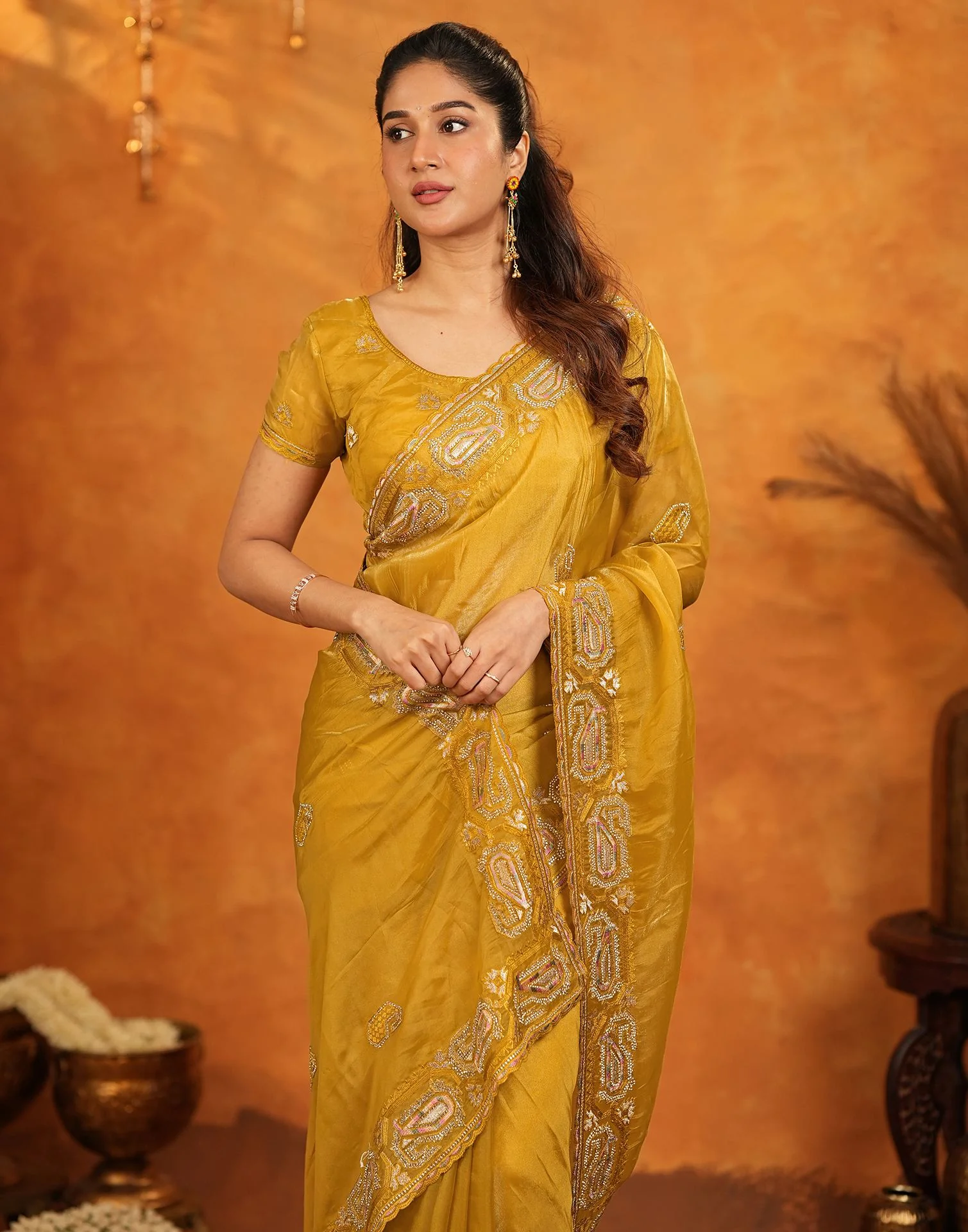 Mustard Shimmer Silk Stone Work Embroidery Saree - Image 9