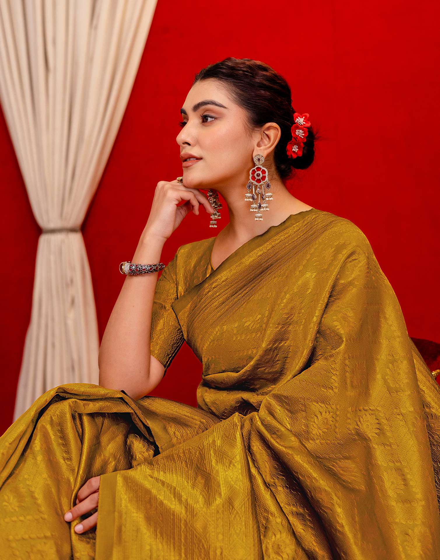 Mustard Yellow Silk Woven Banarasi Saree - Image 2