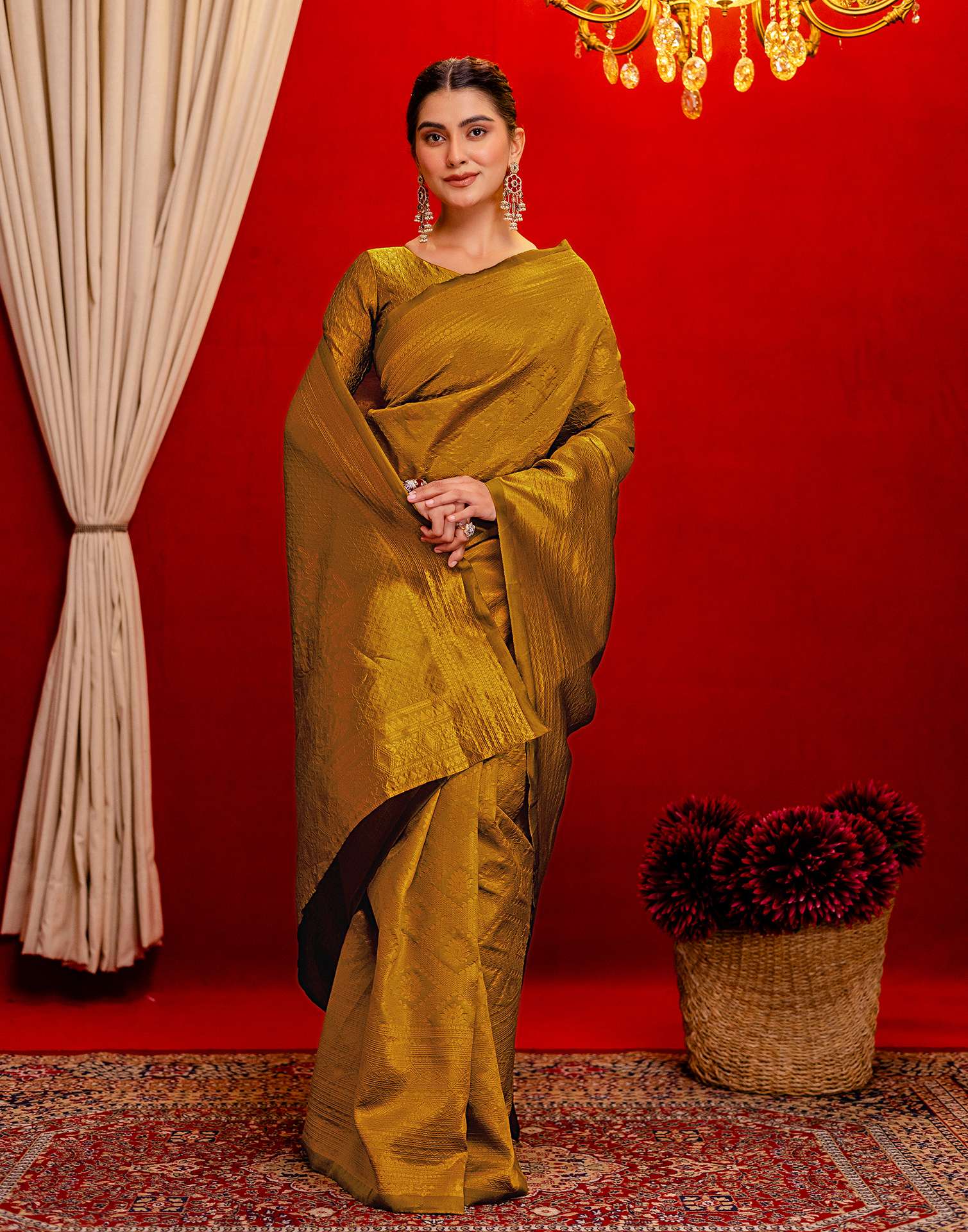 Mustard Yellow Silk Woven Banarasi Saree - Image 6