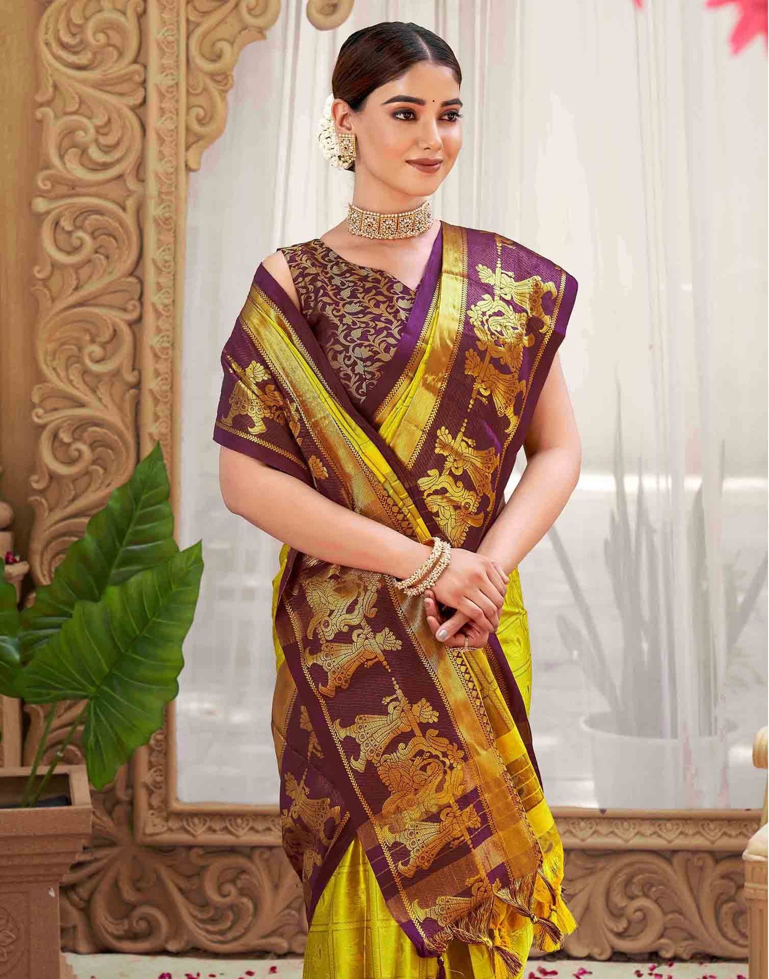 Mustard Silk Woven Kanjivaram Saree - Image 2